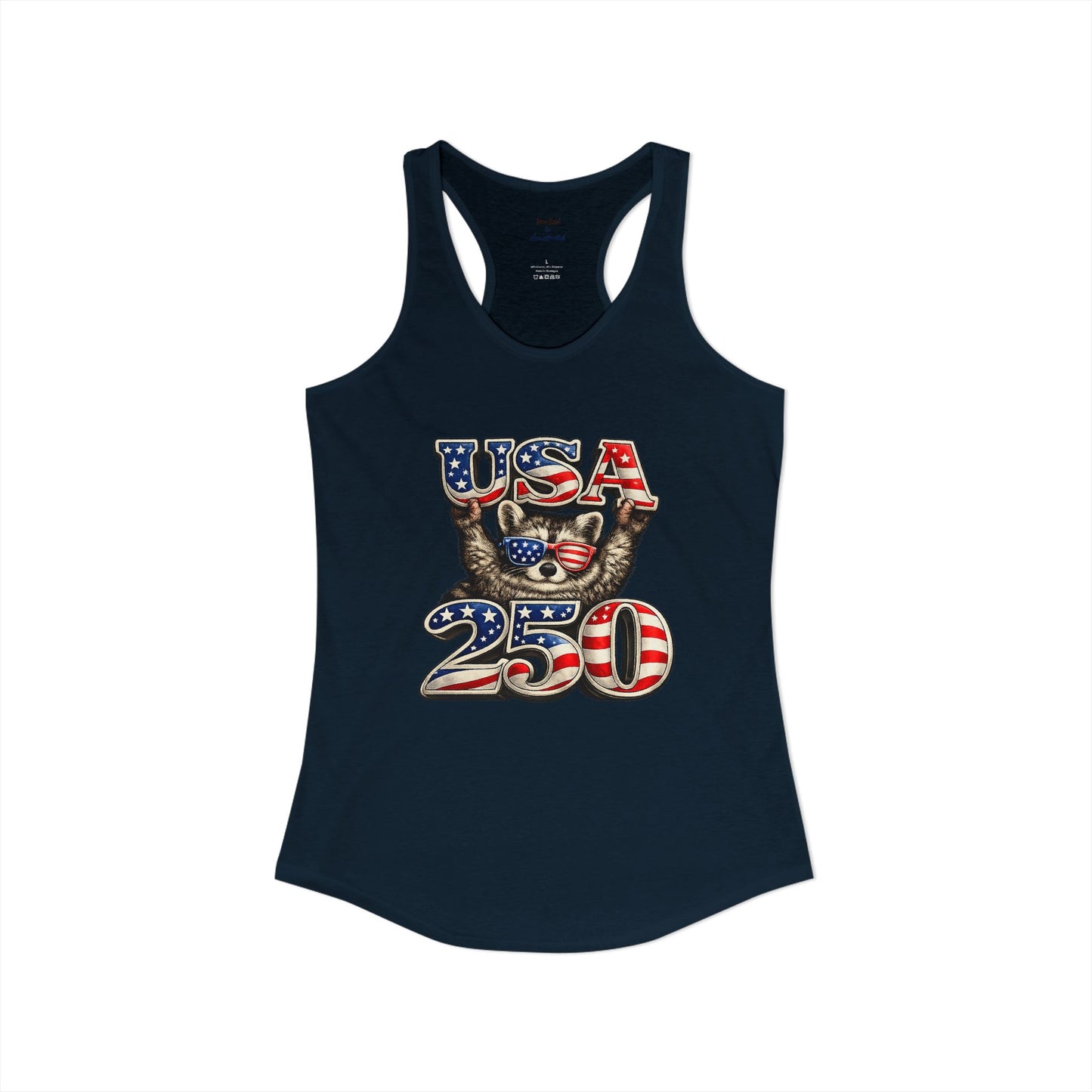 Patriotic Raccoon 4th of July Tank — Raccoon on 250 with Flag & Fireworks Racerback Tank