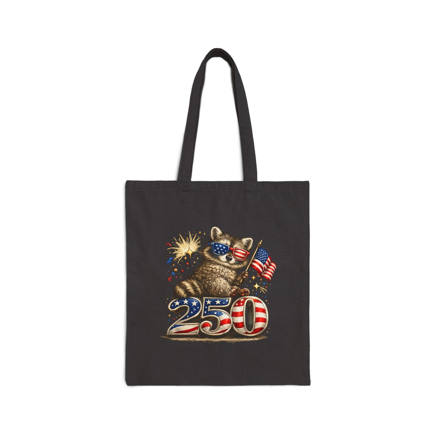 Patriotic Raccoon Fireworks Tote Bag — '250' Canvas Tote for Fourth of July