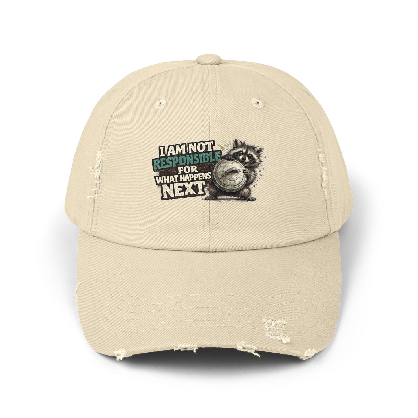 Not Responsible Distressed Cap — Raccoon Mom/Dad Funny Dad Hat