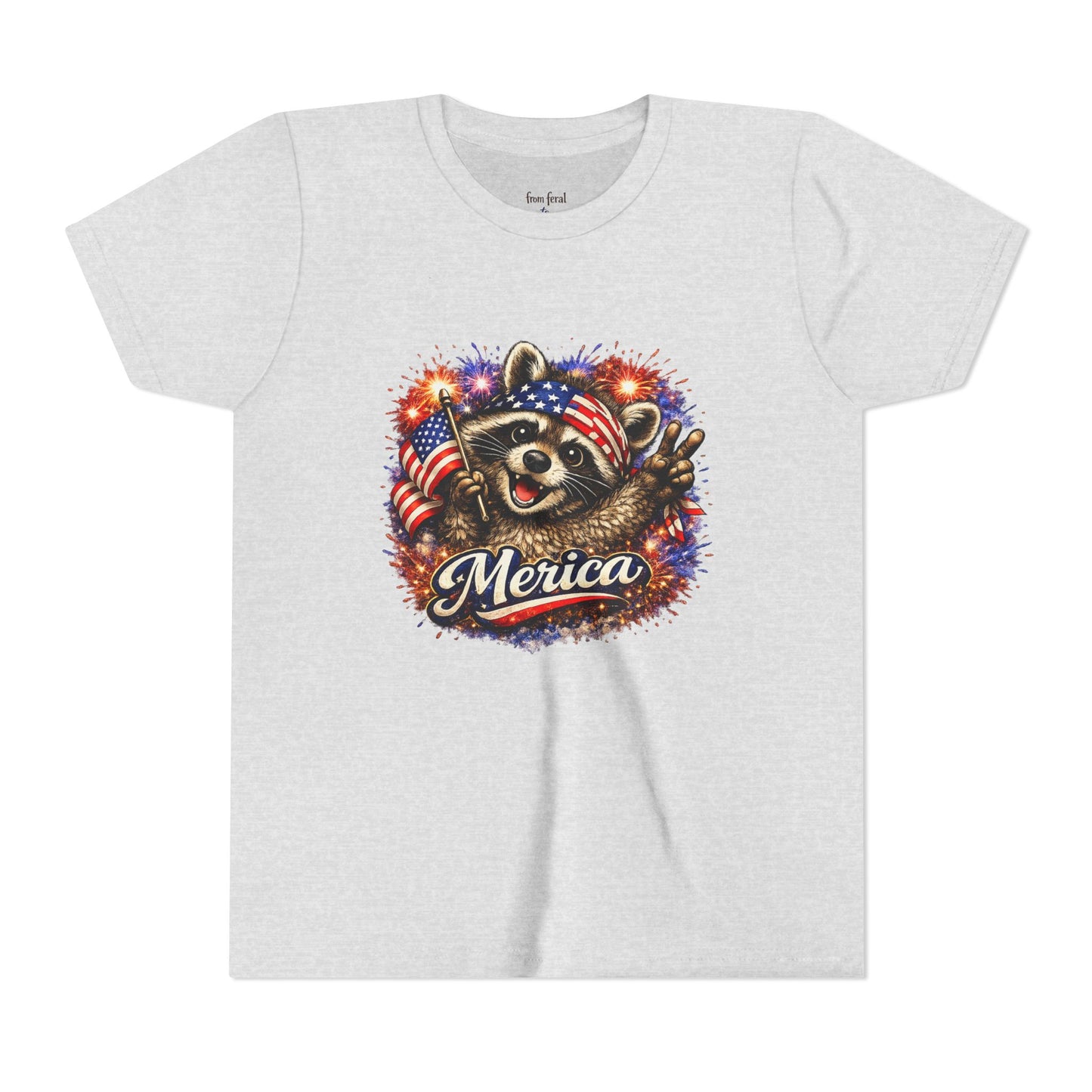Patriotic Raccoon Youth Tee — Raccoon with American Flag & Fireworks