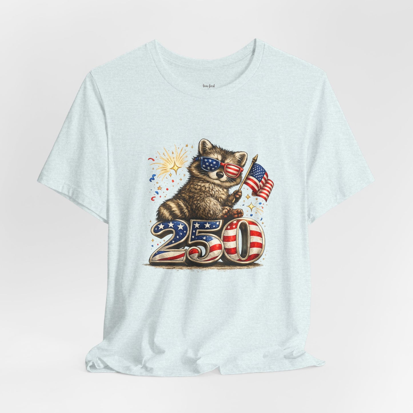 Patriot Raccoon 250th Anniversary T-Shirt — 4th of July Fireworks Flag Tee
