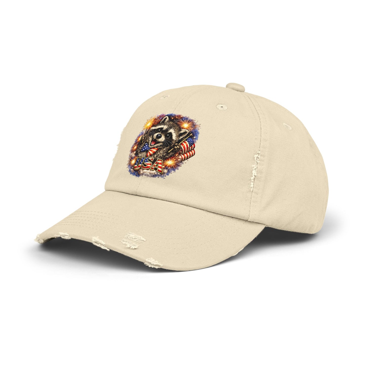 Patriotic Raccoon 250 Cap — Fireworks & Flag Distressed Baseball Hat