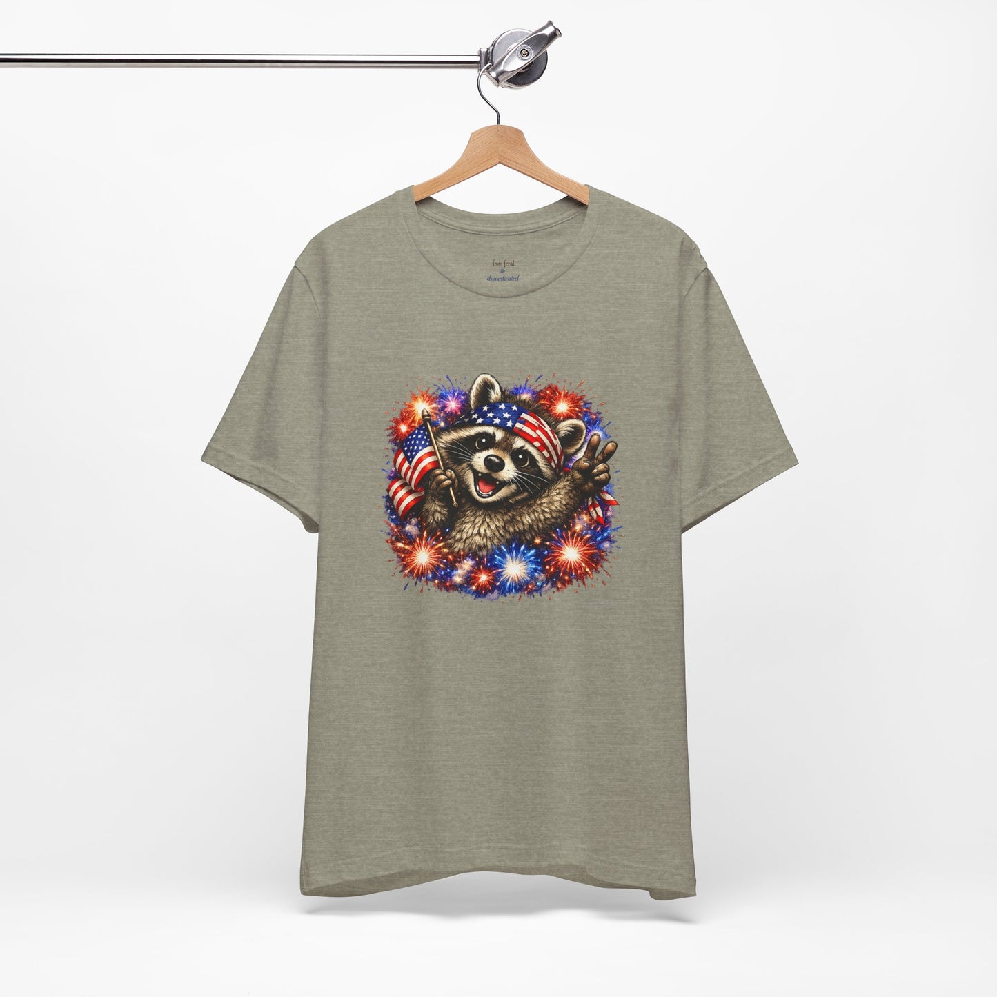 Patriot Raccoon 250th Anniversary T-Shirt — 4th of July Fireworks Flag Tee