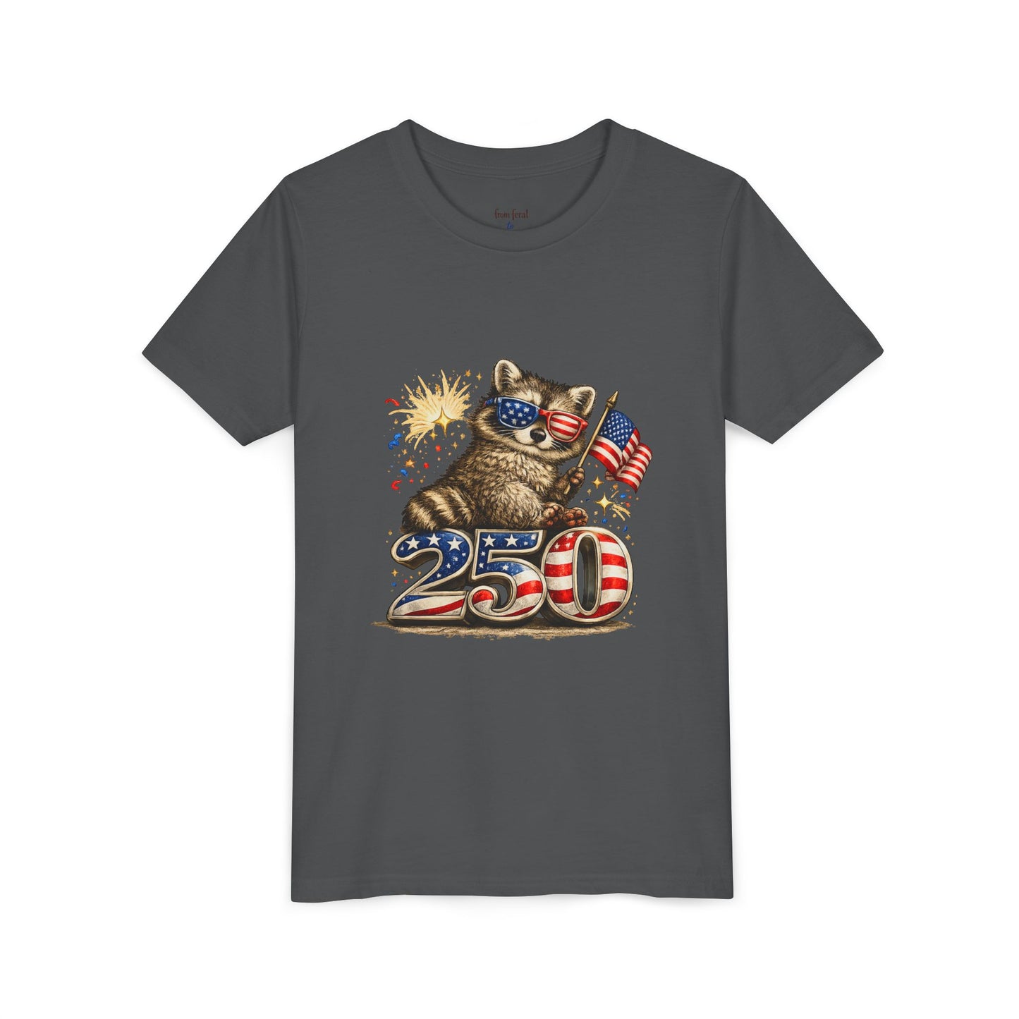 Patriotic Raccoon Youth Tee — Raccoon with American Flag & Fireworks