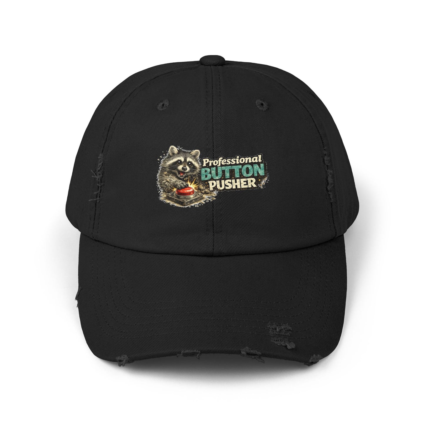 Button Pusher Distressed Cap — Raccoon Mom/Dad Funny Dad Hat