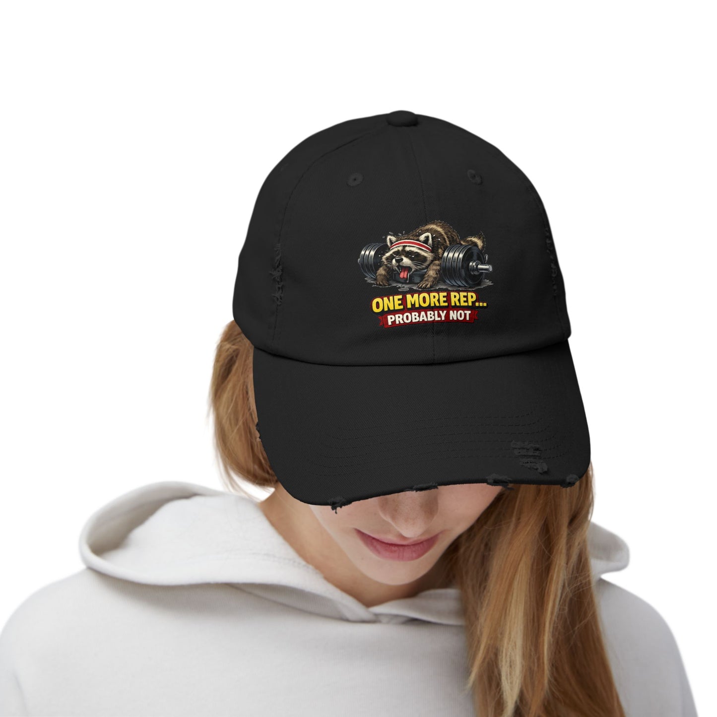 One More Rep Distressed Cap — Raccoon Mom/Dad Funny Dad Hat