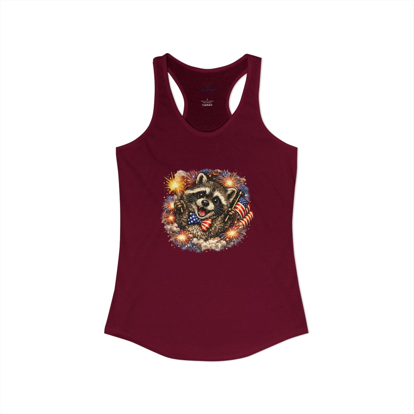 Patriotic Raccoon 4th of July Tank — Raccoon on 250 with Flag & Fireworks Racerback Tank