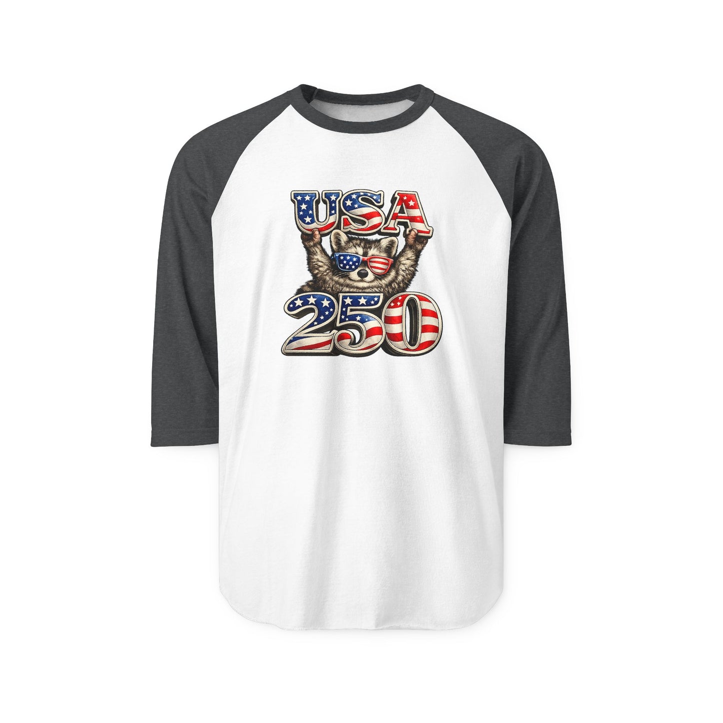 Patriotic Raccoon 250 Raglan Shirt — Fourth of July Fireworks Tee