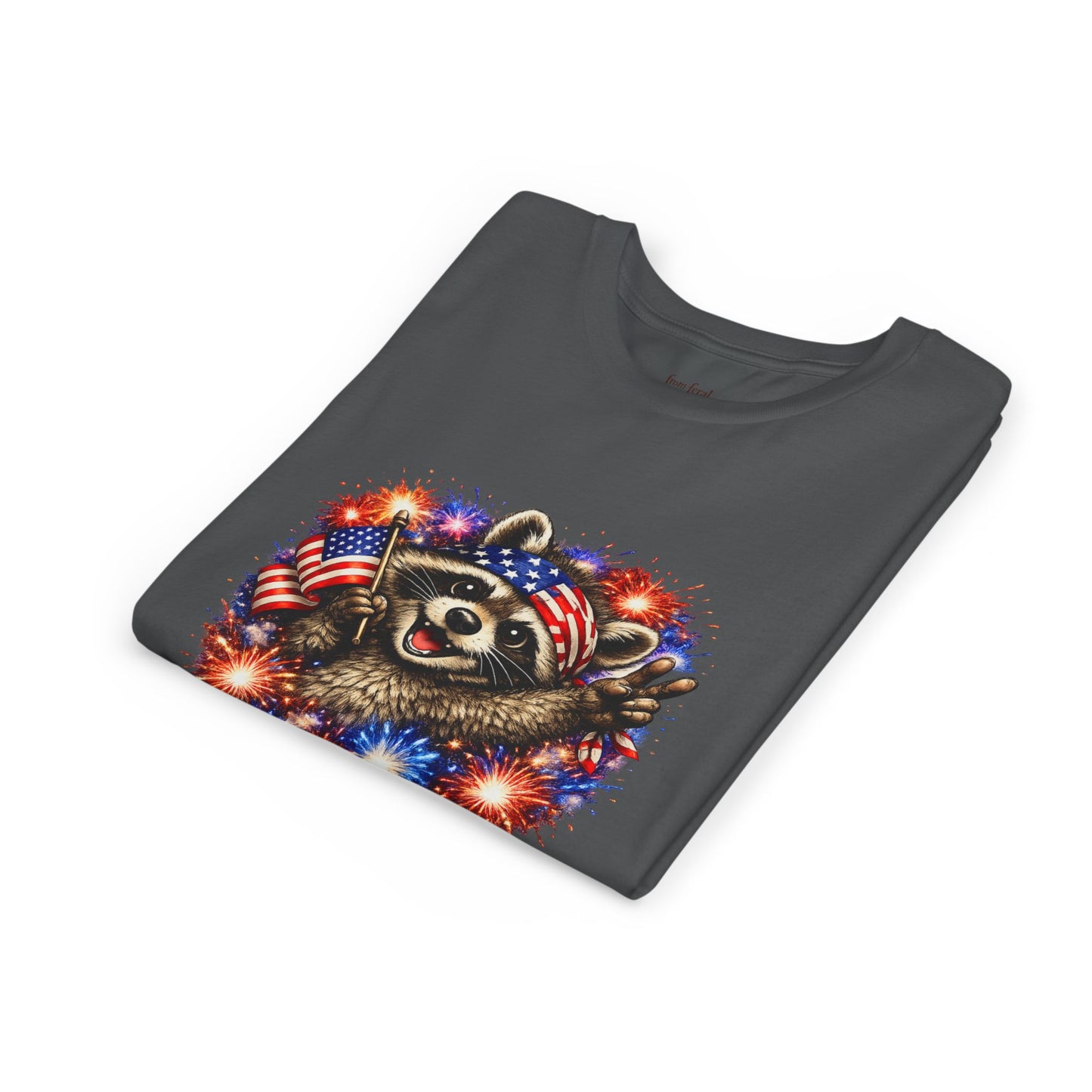 Patriotic Raccoon Youth Tee — Raccoon with American Flag & Fireworks