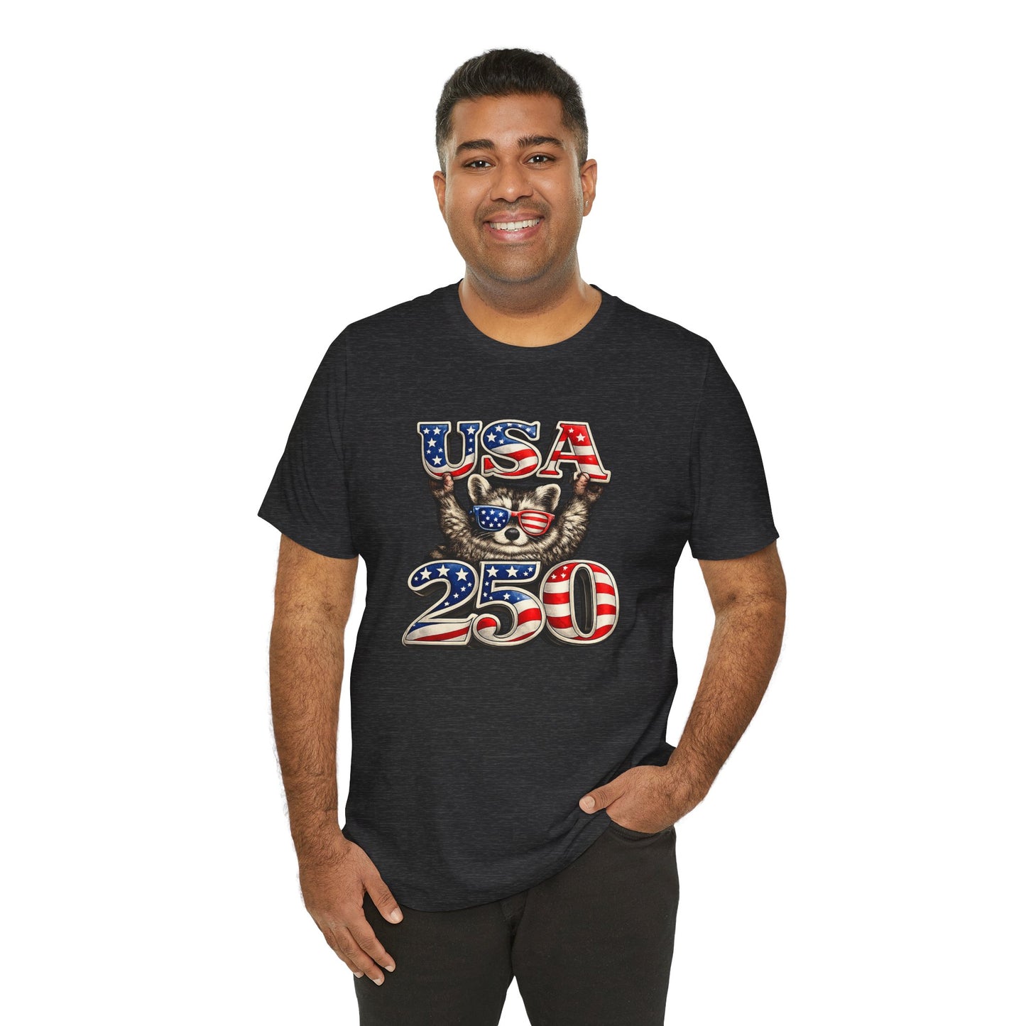 Patriot Raccoon 250th Anniversary T-Shirt — 4th of July Fireworks Flag Tee