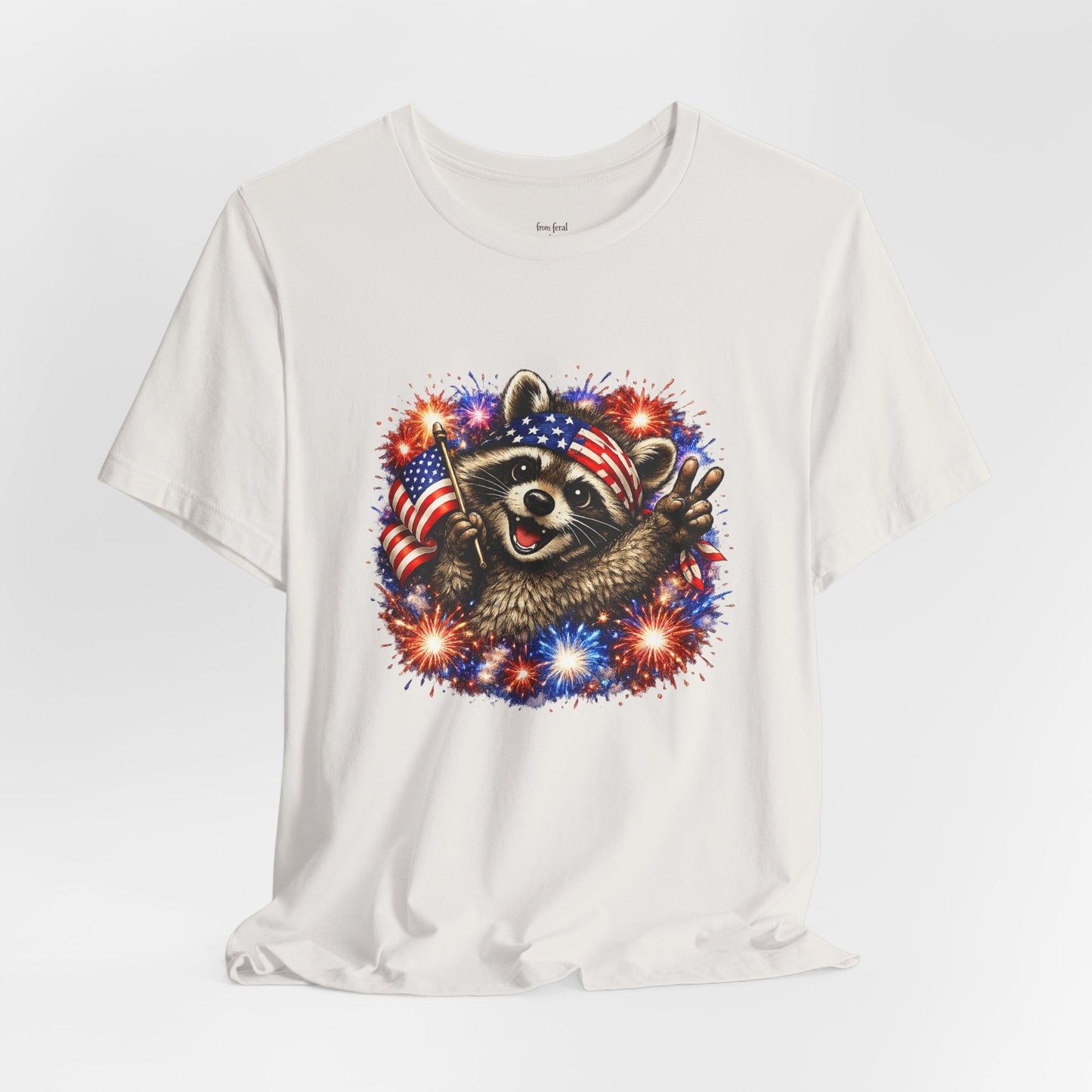 Patriot Raccoon 250th Anniversary T-Shirt — 4th of July Fireworks Flag Tee