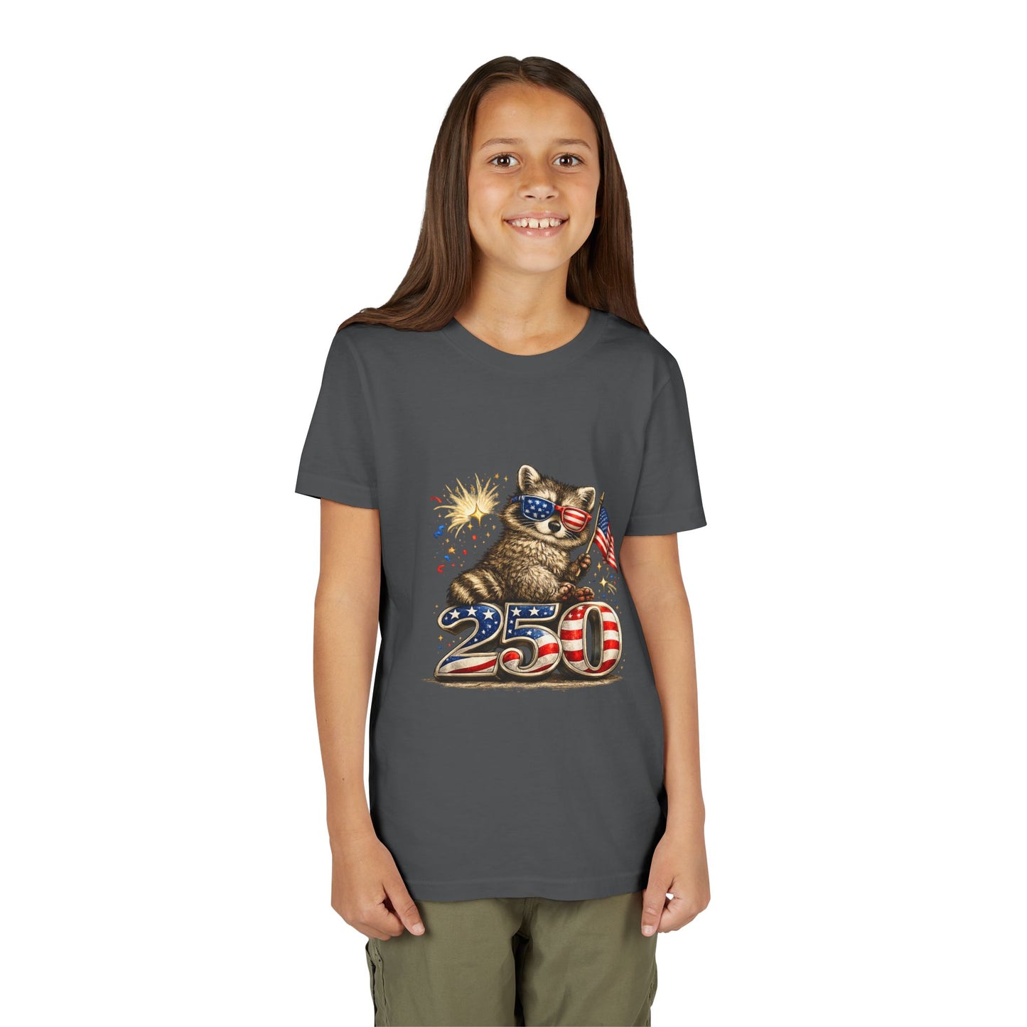 Patriotic Raccoon Youth Tee — Raccoon with American Flag & Fireworks