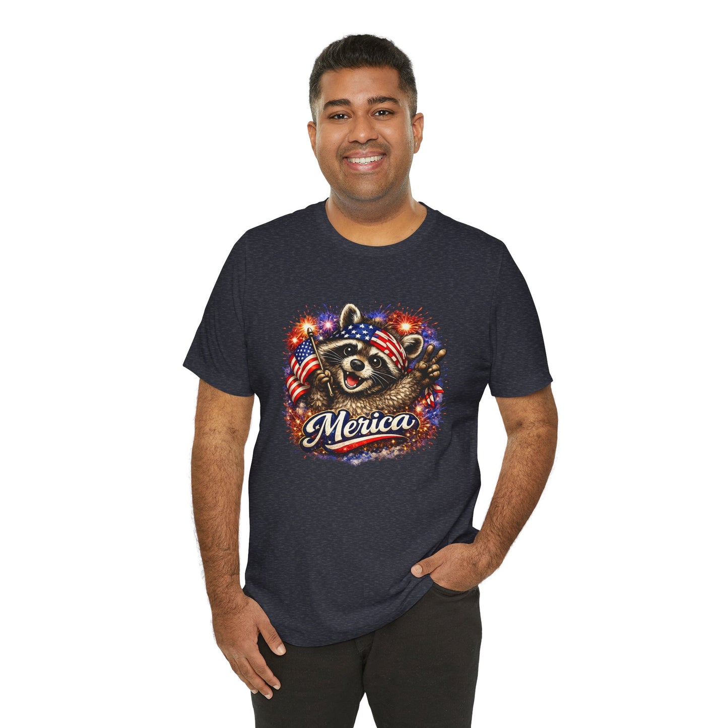 Patriot Raccoon 250th Anniversary T-Shirt — 4th of July Fireworks Flag Tee