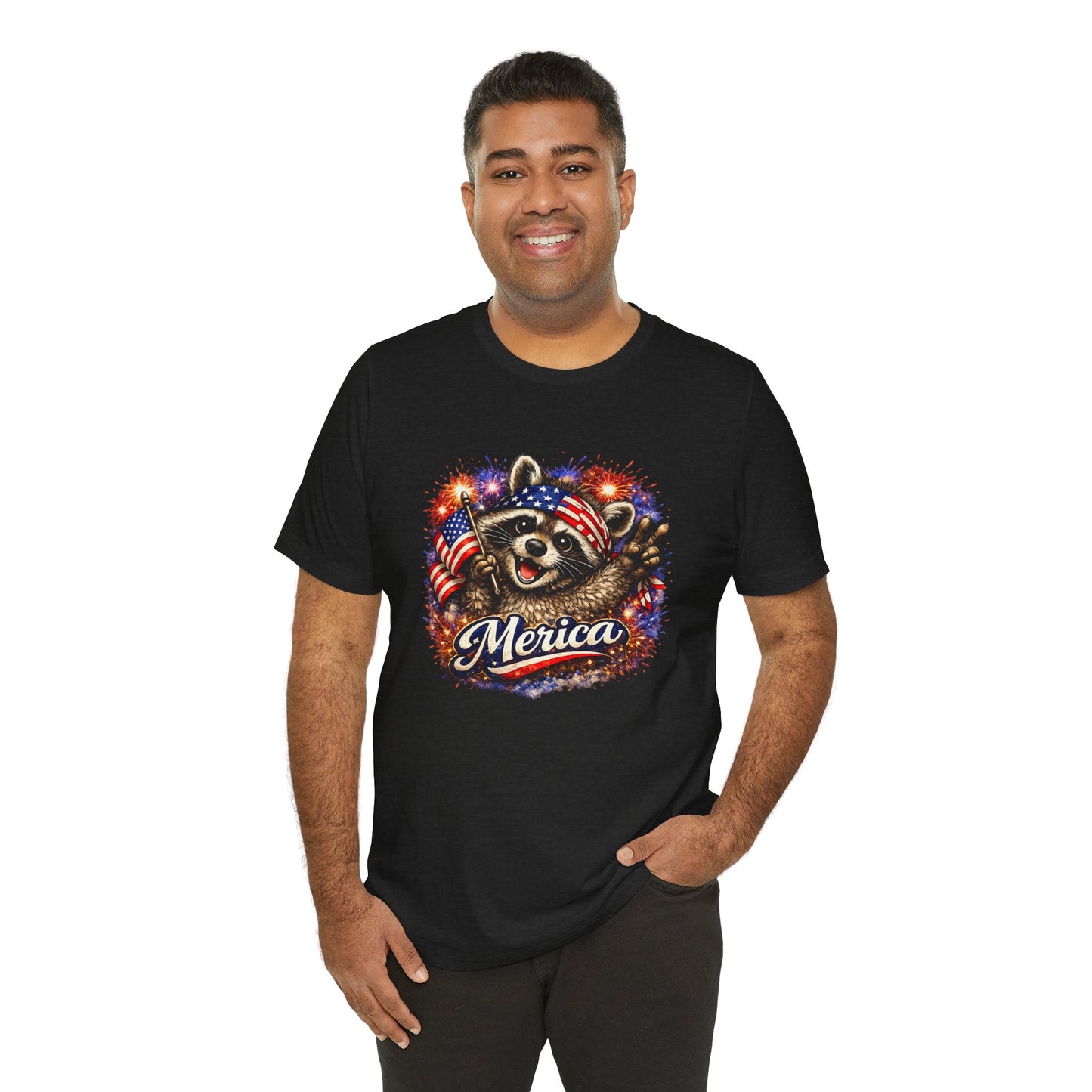 Patriot Raccoon 250th Anniversary T-Shirt — 4th of July Fireworks Flag Tee
