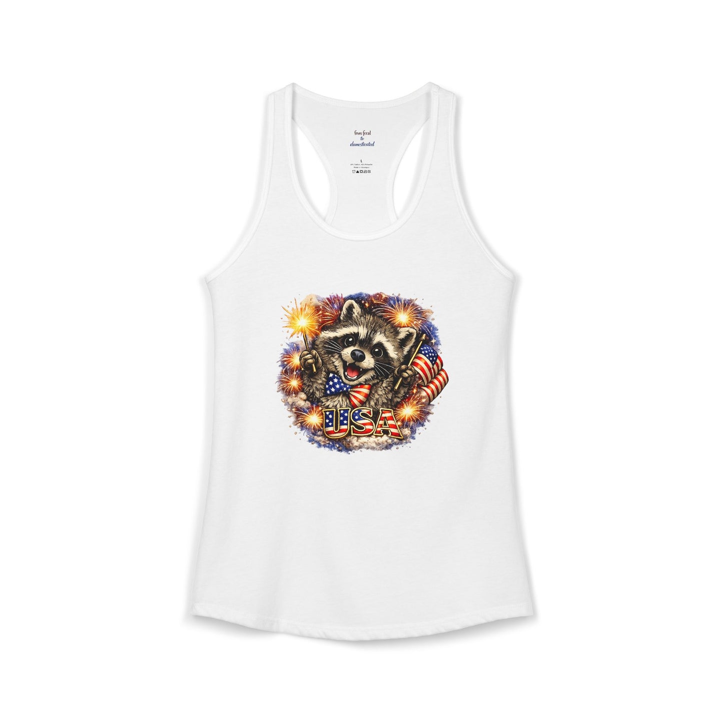Patriotic Raccoon 4th of July Tank — Raccoon on 250 with Flag & Fireworks Racerback Tank