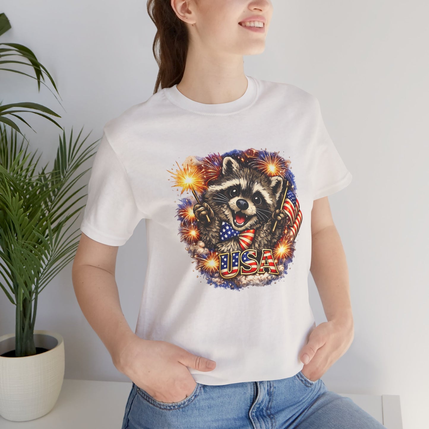 Patriot Raccoon 250th Anniversary T-Shirt — 4th of July Fireworks Flag Tee