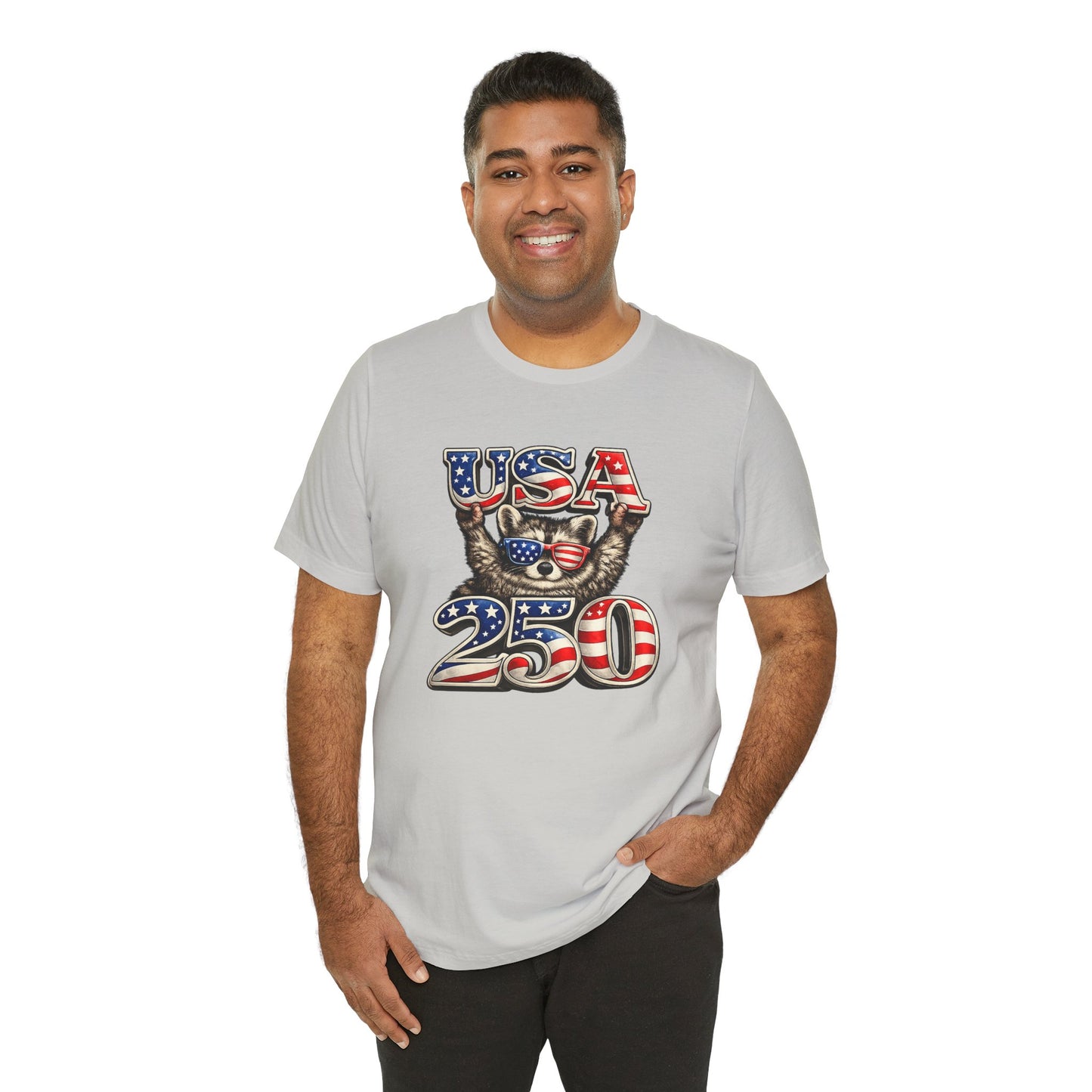 Patriot Raccoon 250th Anniversary T-Shirt — 4th of July Fireworks Flag Tee