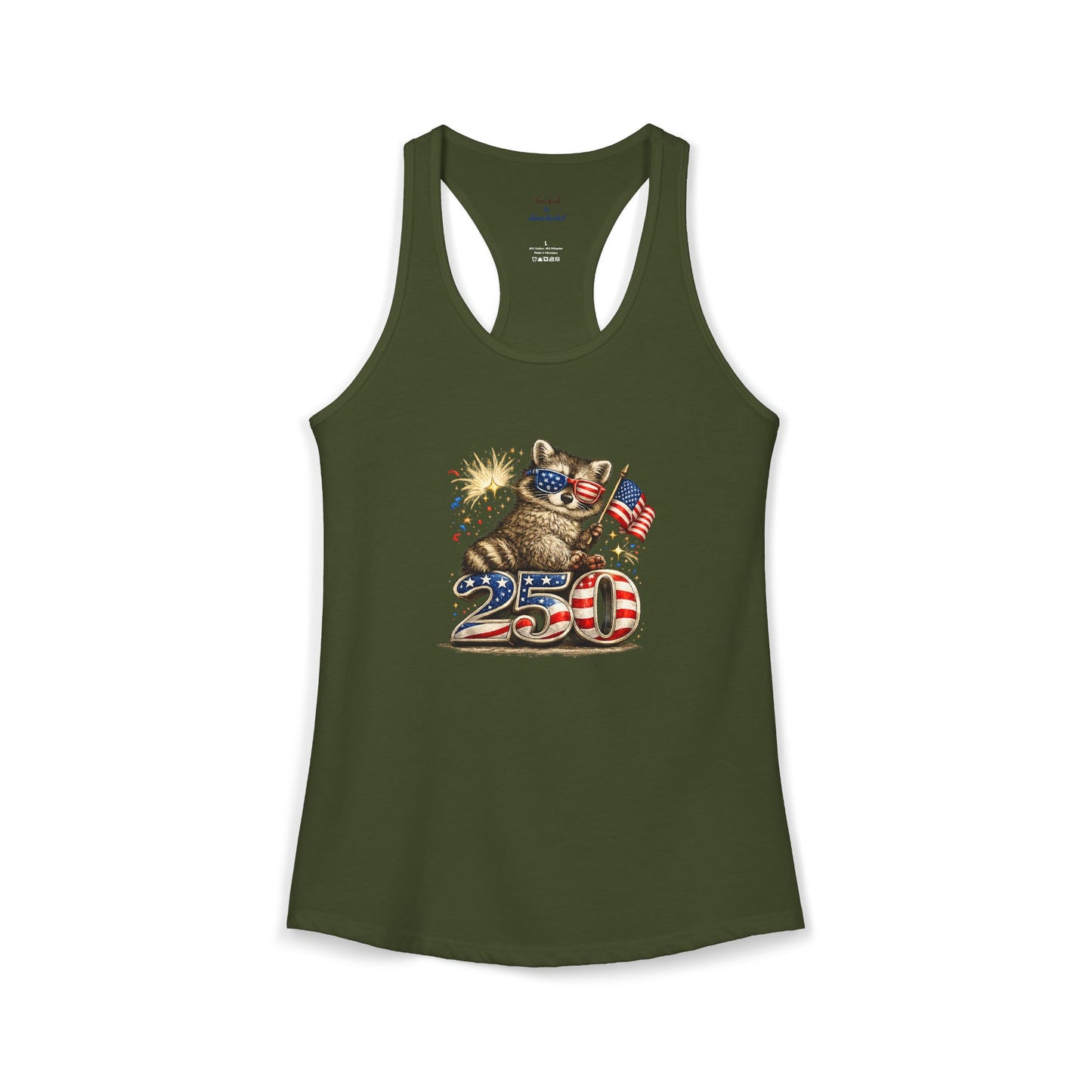 Patriotic Raccoon 4th of July Tank — Raccoon on 250 with Flag & Fireworks Racerback Tank