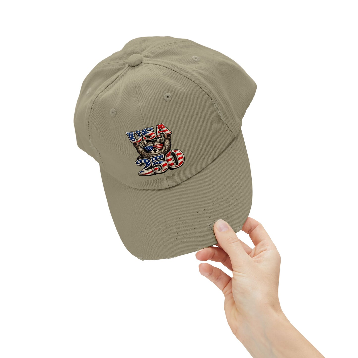 Patriotic Raccoon 250 Cap — Fireworks & Flag Distressed Baseball Hat