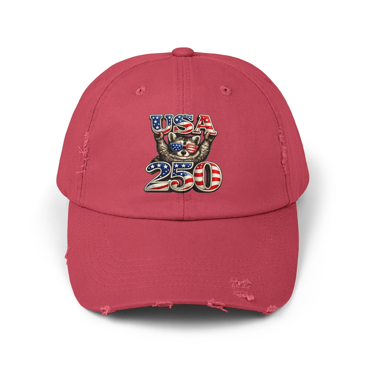 Patriotic Raccoon 250 Cap — Fireworks & Flag Distressed Baseball Hat