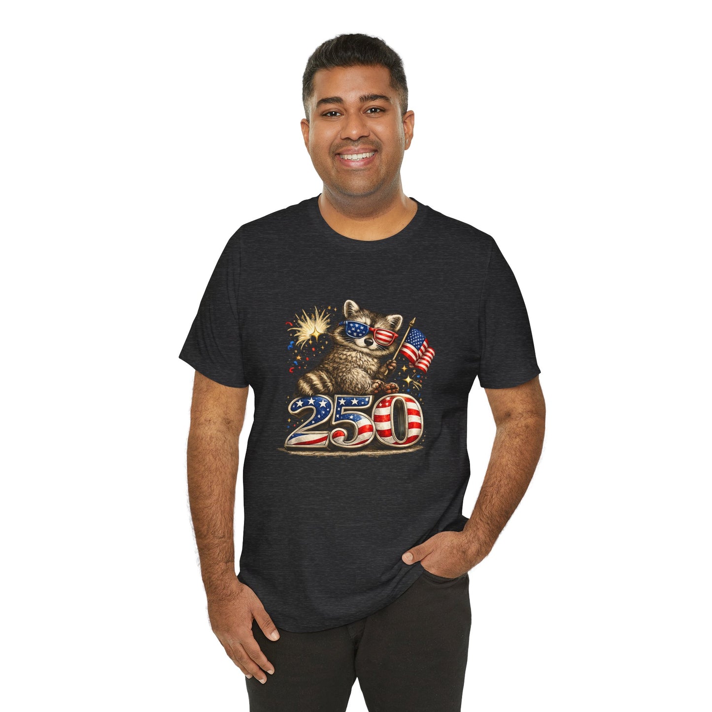 Patriot Raccoon 250th Anniversary T-Shirt — 4th of July Fireworks Flag Tee
