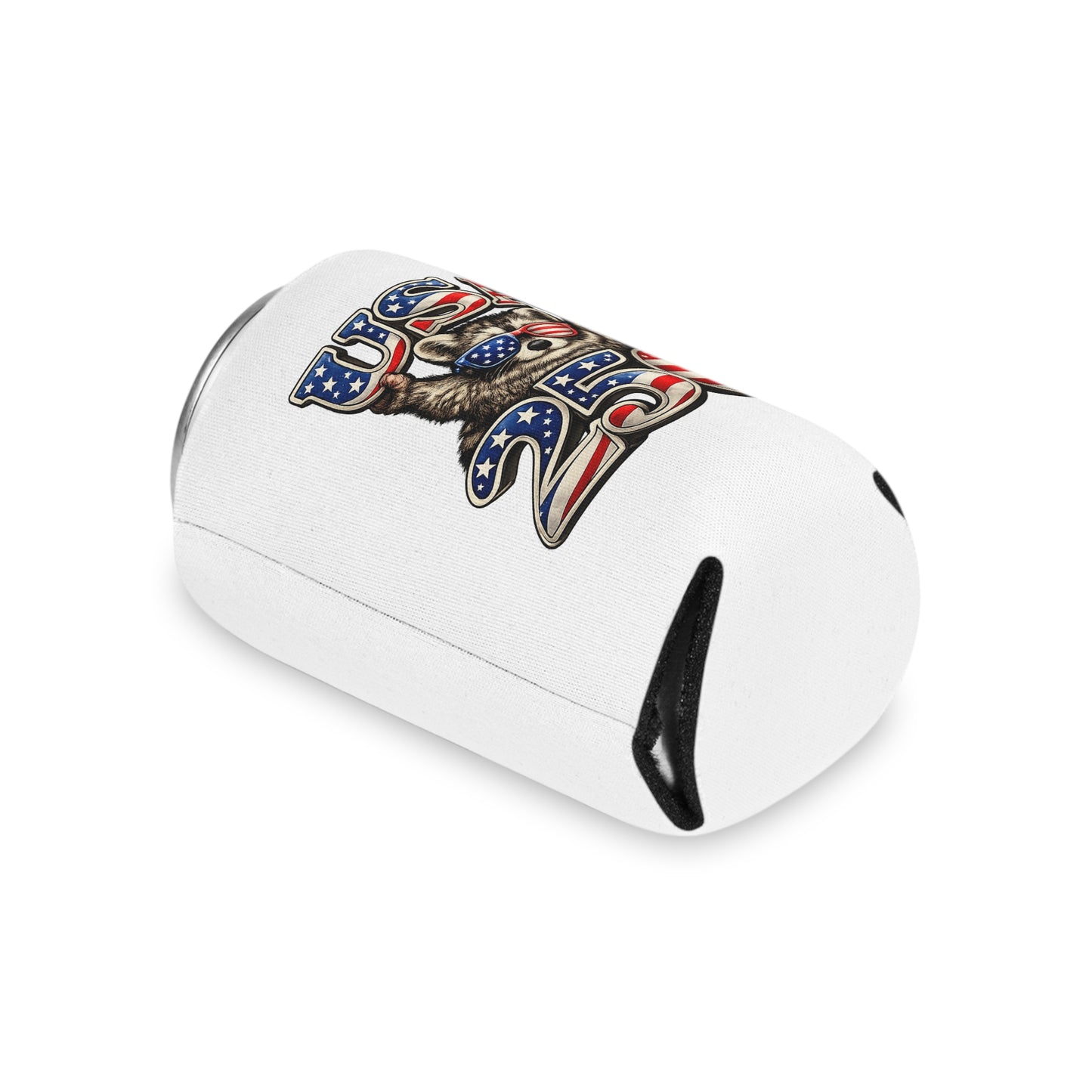 Patriotic Raccoon 250 Can Cooler – USA Flag, 4th of July Drink Koozie