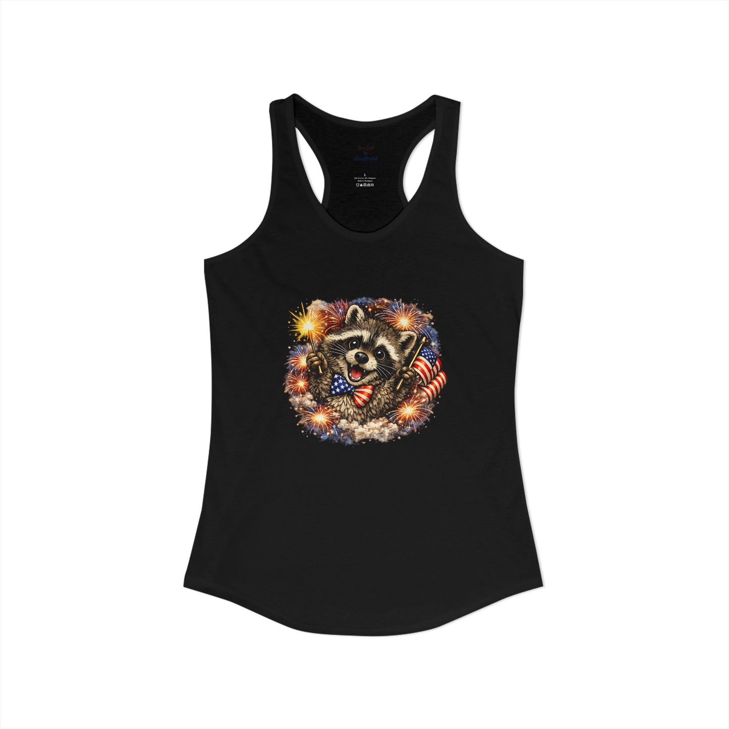 Patriotic Raccoon 4th of July Tank — Raccoon on 250 with Flag & Fireworks Racerback Tank