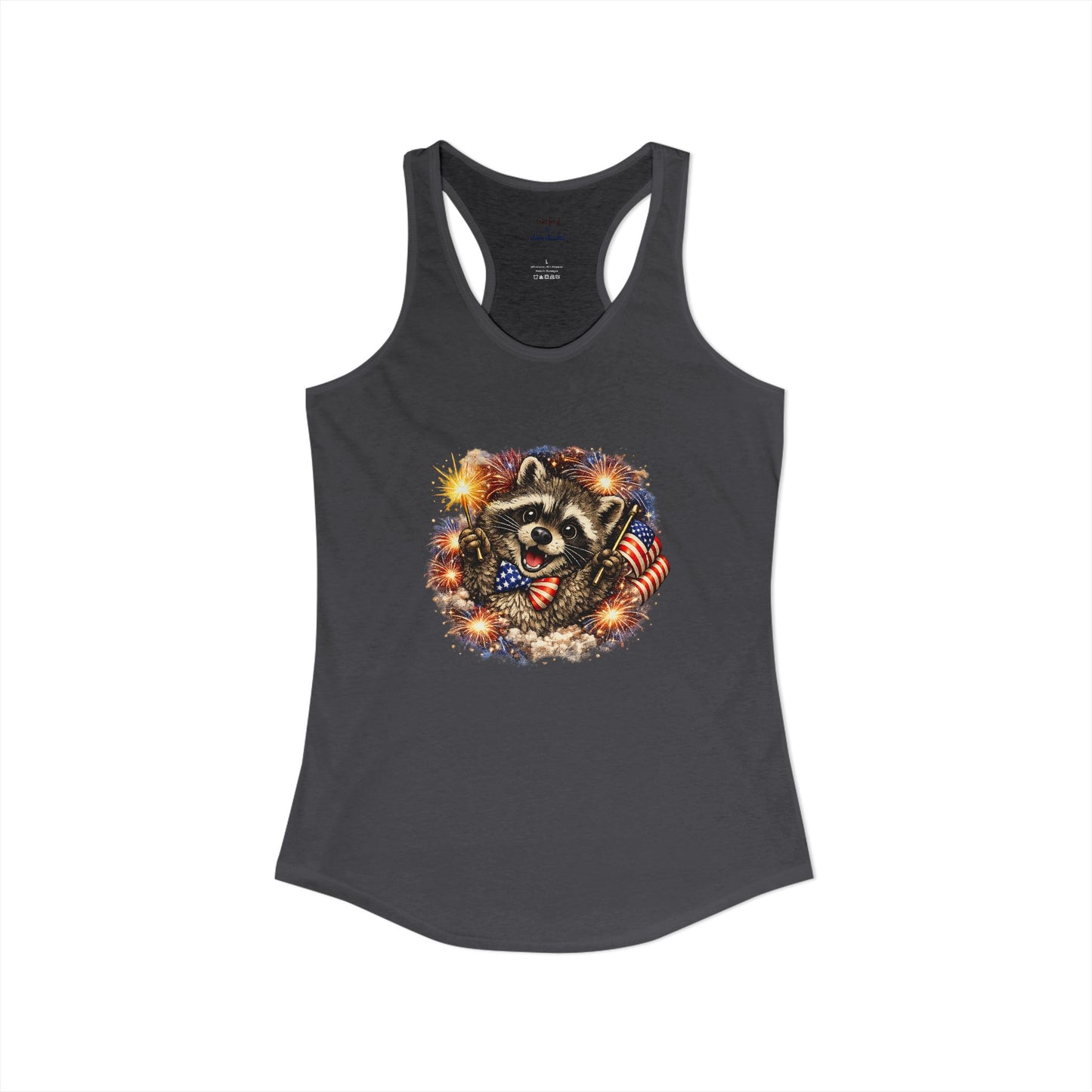 Patriotic Raccoon 4th of July Tank — Raccoon on 250 with Flag & Fireworks Racerback Tank