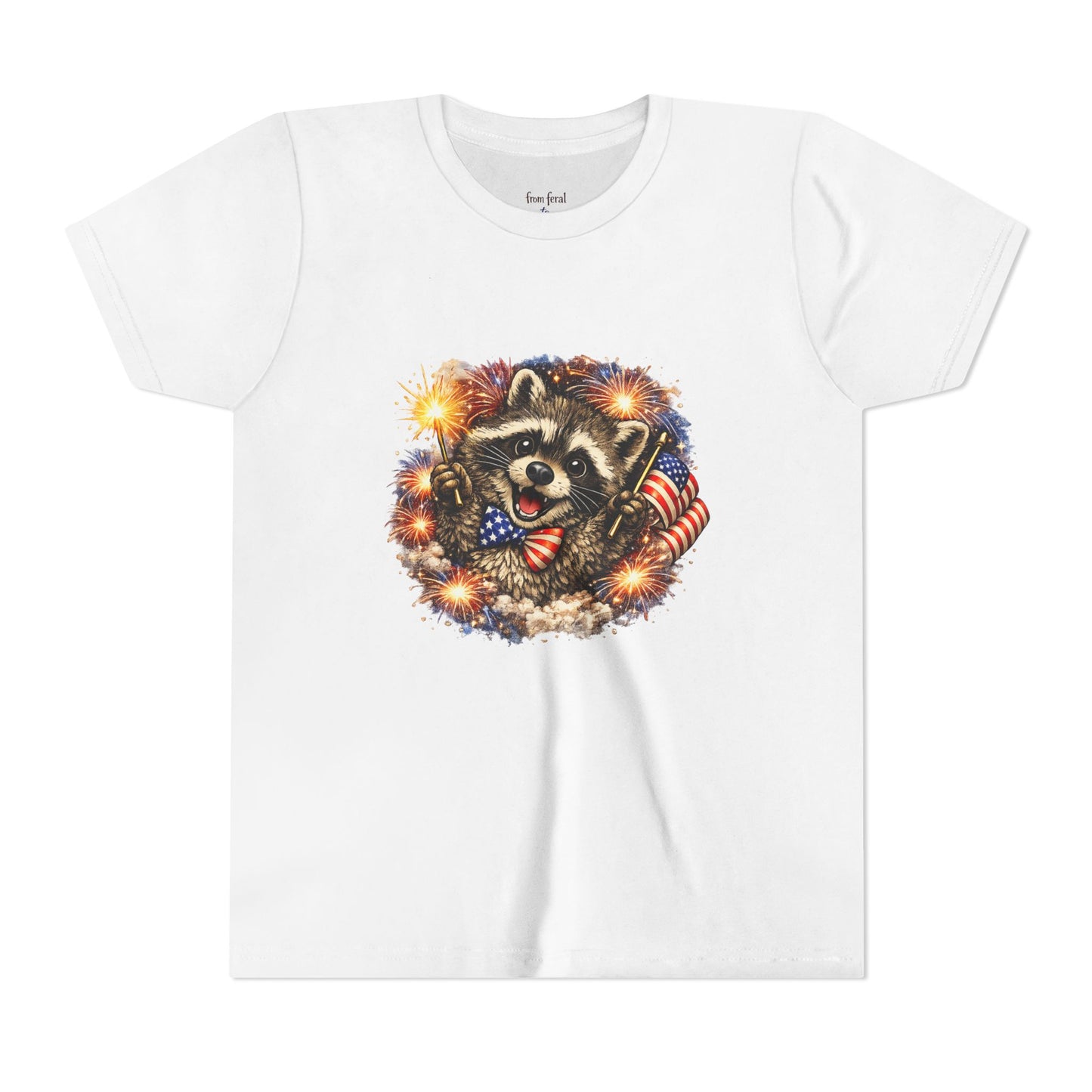 Patriotic Raccoon Youth Tee — Raccoon with American Flag & Fireworks