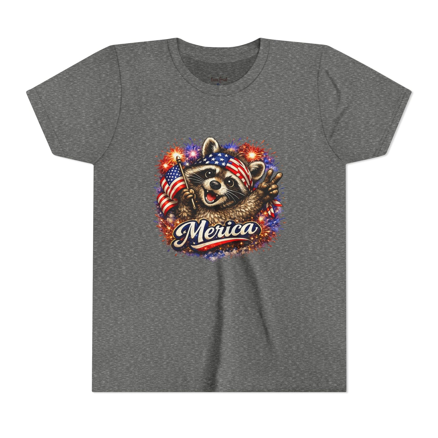 Patriotic Raccoon Youth Tee — Raccoon with American Flag & Fireworks