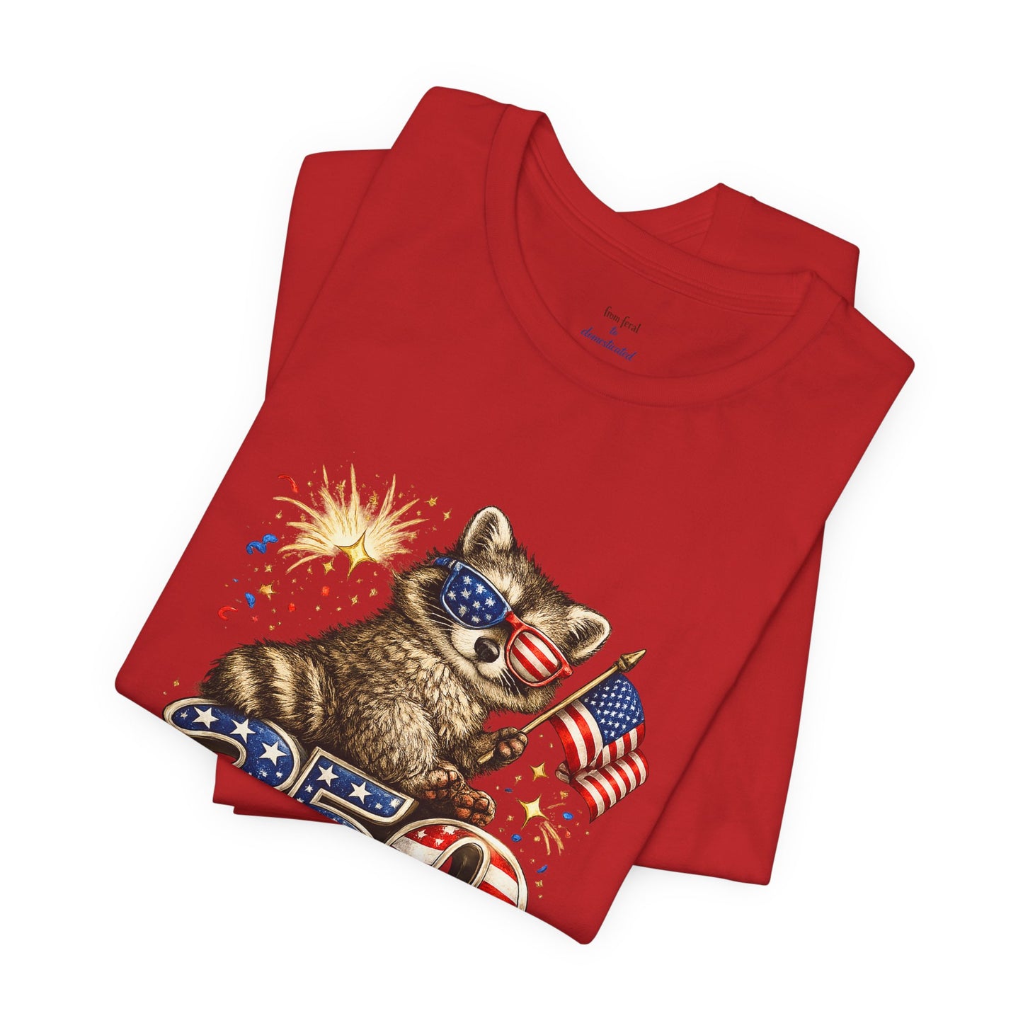 Patriot Raccoon 250th Anniversary T-Shirt — 4th of July Fireworks Flag Tee