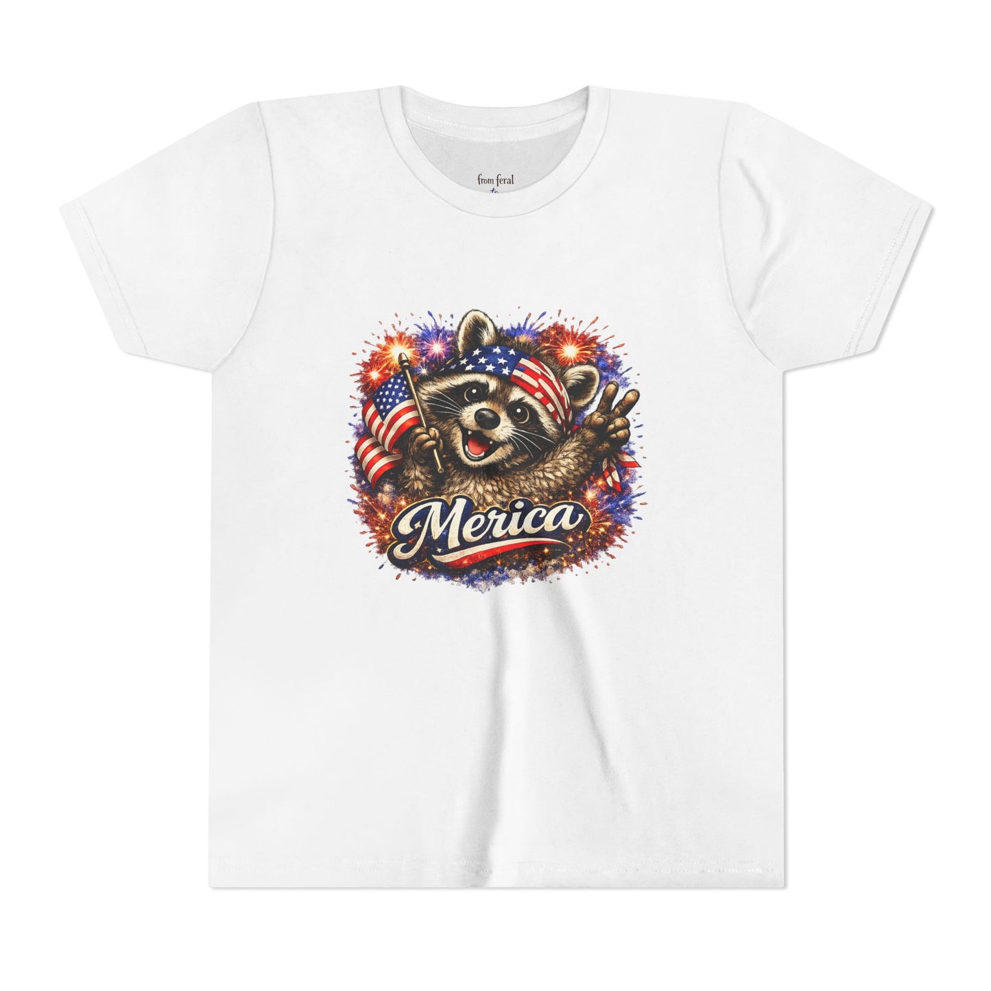 Patriotic Raccoon Youth Tee — Raccoon with American Flag & Fireworks