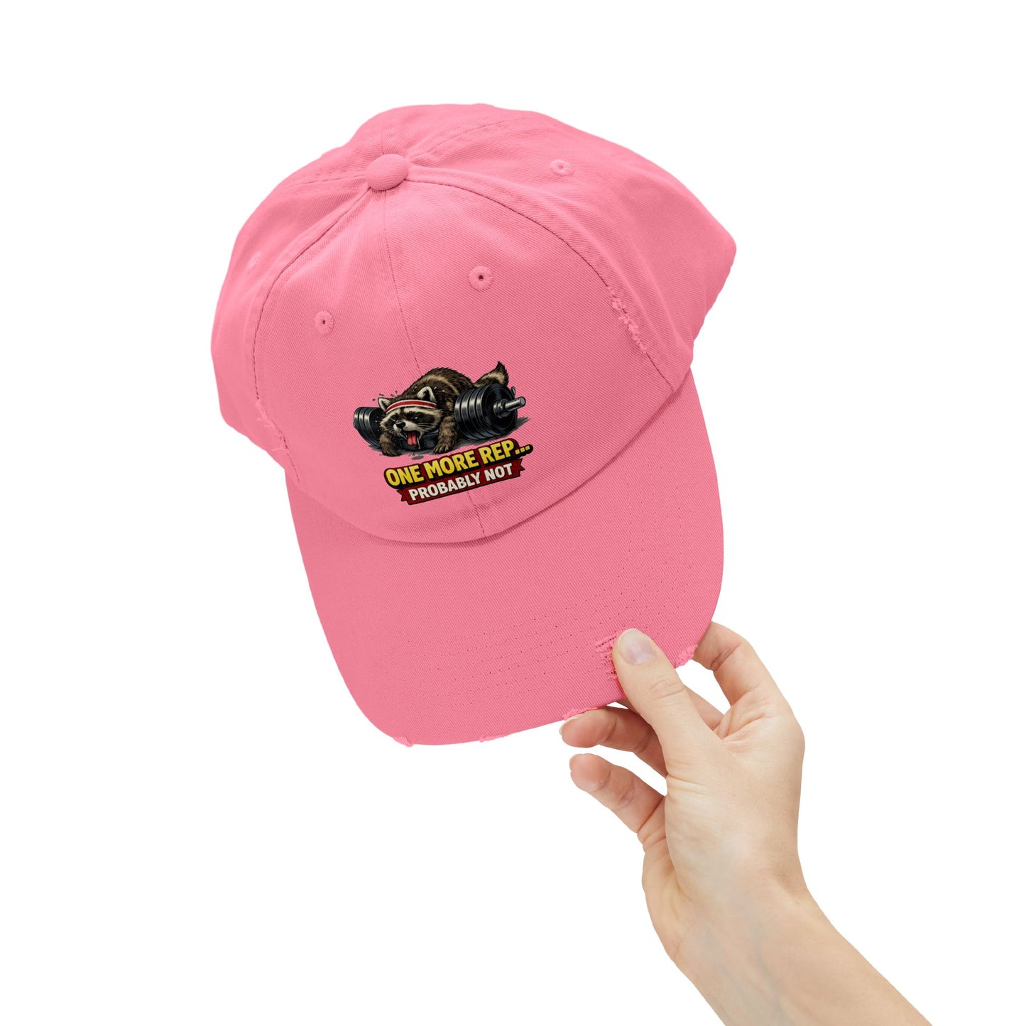 One More Rep Distressed Cap — Raccoon Mom/Dad Funny Dad Hat