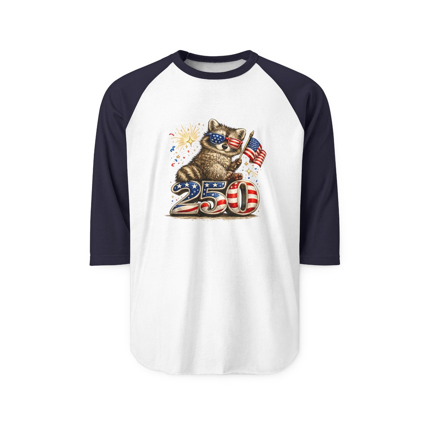 Patriotic Raccoon 250 Raglan Shirt — Fourth of July Fireworks Tee