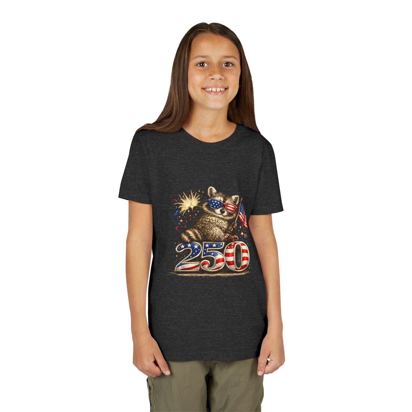 Patriotic Raccoon Youth Tee — Raccoon with American Flag & Fireworks