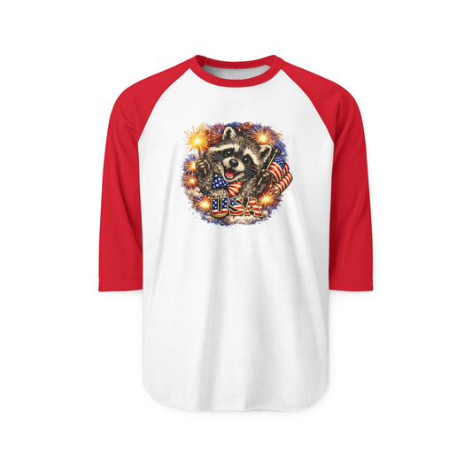 Patriotic Raccoon 250 Raglan Shirt — Fourth of July Fireworks Tee