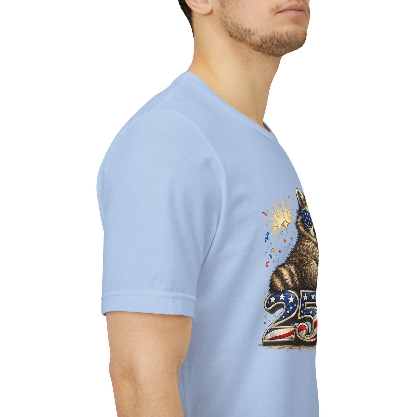 Patriot Raccoon 250th Anniversary T-Shirt — 4th of July Fireworks Flag Tee