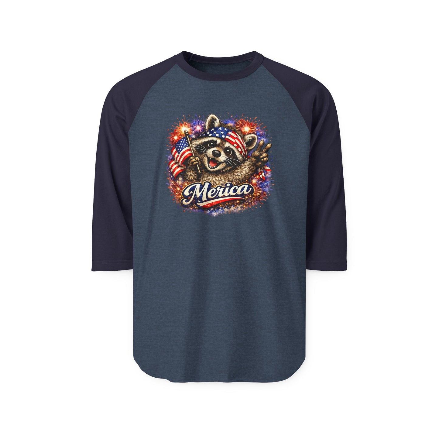 Copy of Patriotic Raccoon 250 Raglan Shirt — Fourth of July Fireworks Tee
