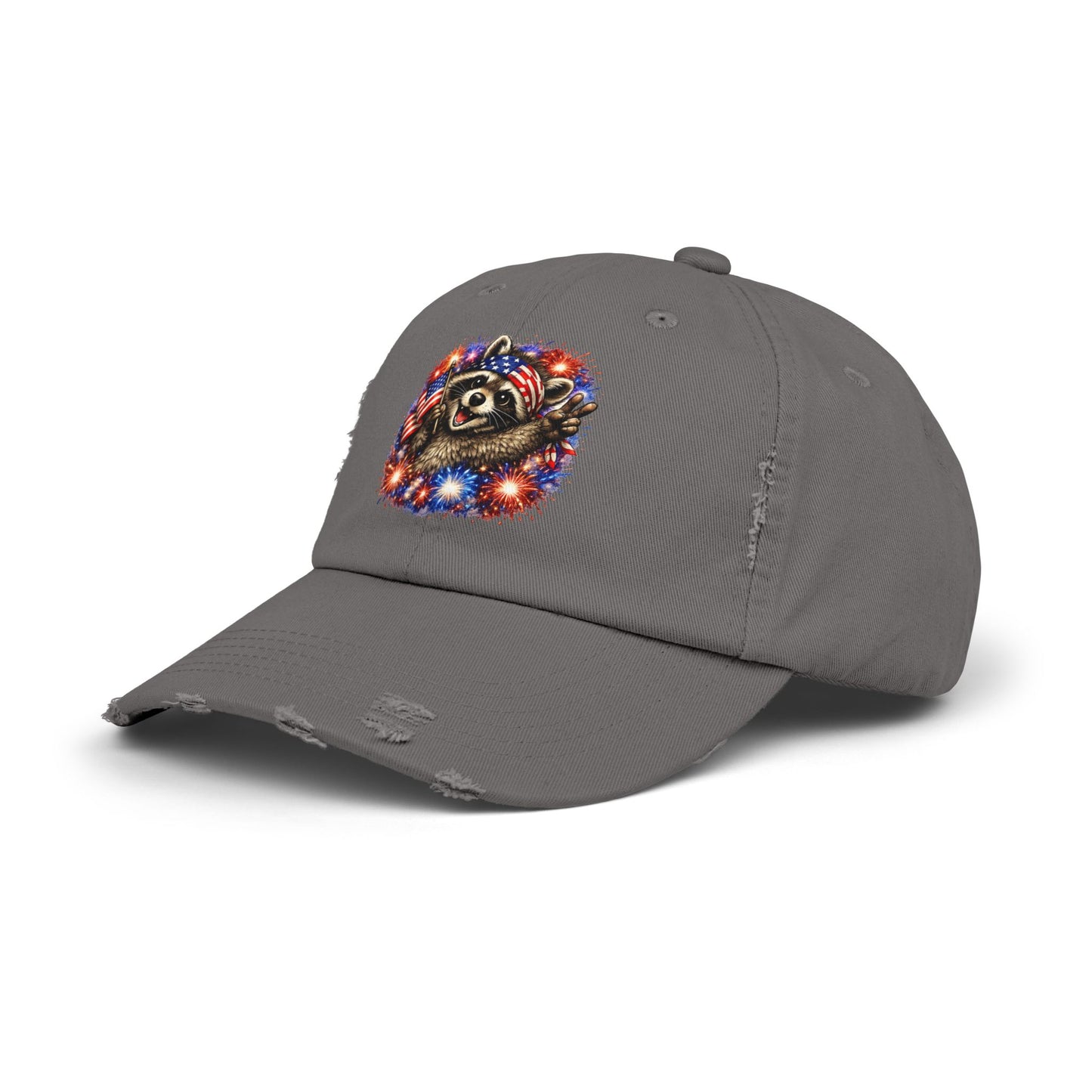 Patriotic Raccoon 250 Cap — Fireworks & Flag Distressed Baseball Hat