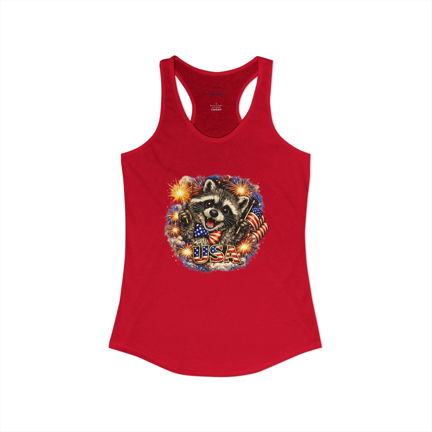 Patriotic Raccoon 4th of July Tank — Raccoon on 250 with Flag & Fireworks Racerback Tank