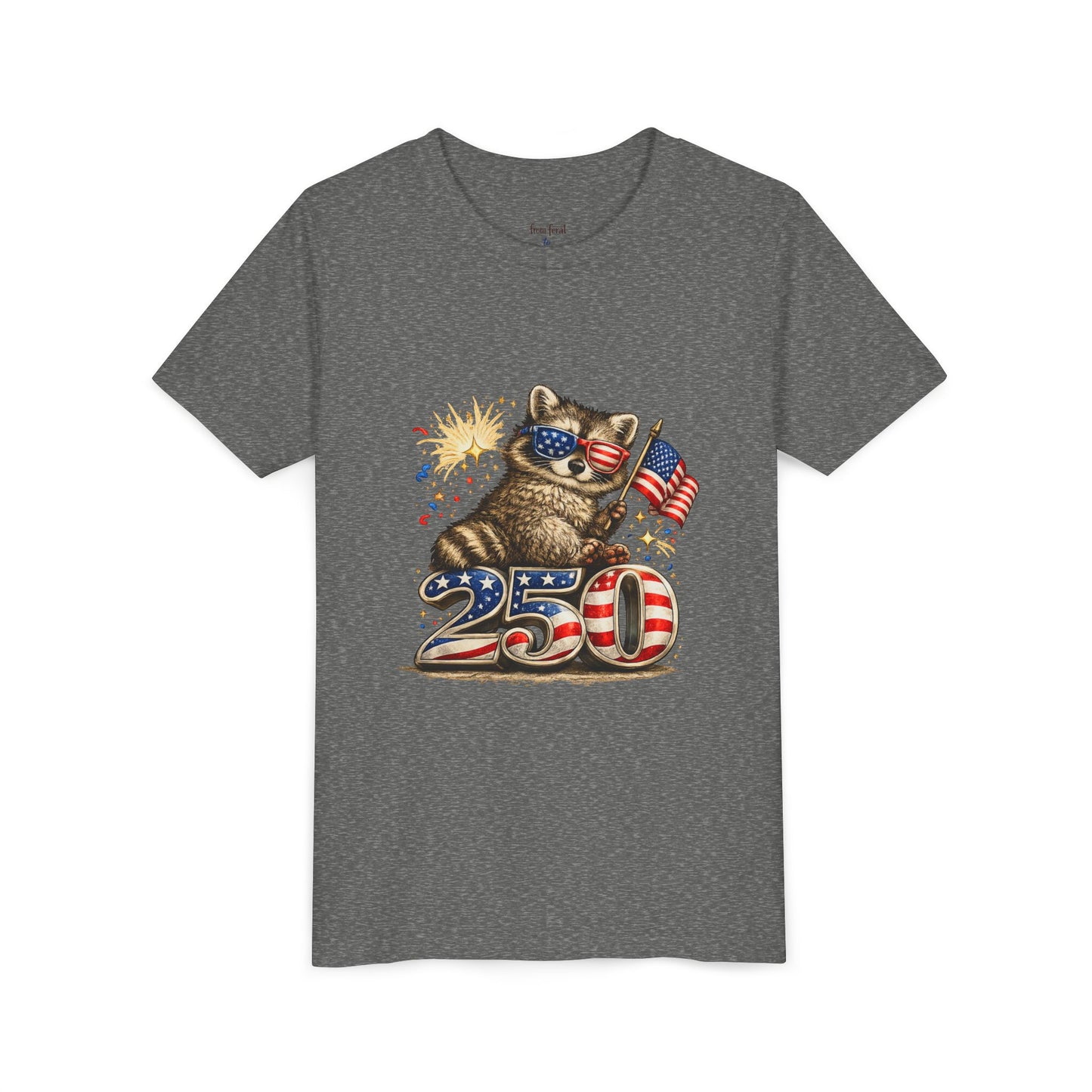 Patriotic Raccoon Youth Tee — Raccoon with American Flag & Fireworks