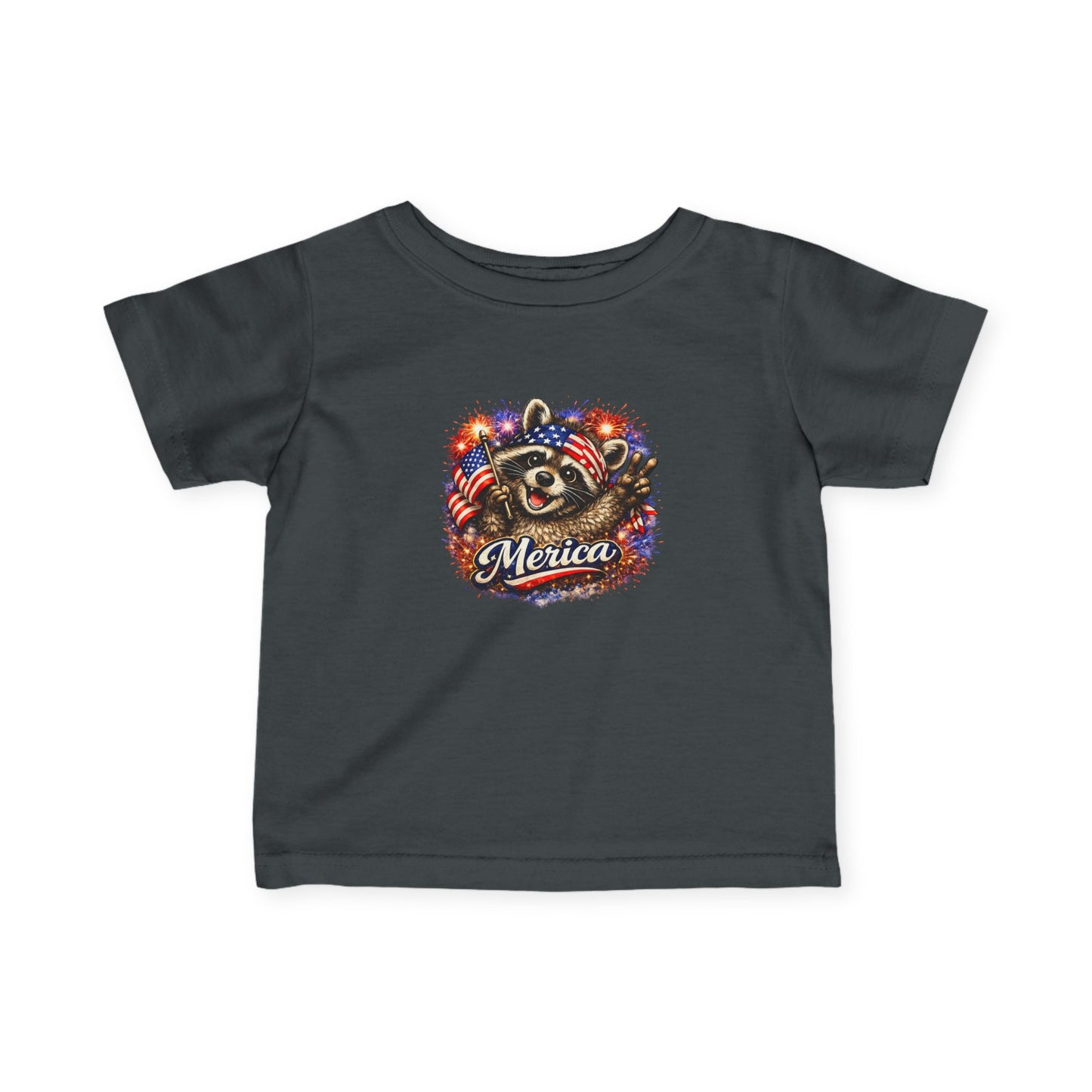 Infant Tee — Adorable Raccoon Holding American Flag "250" — 4th of July Baby Shirt