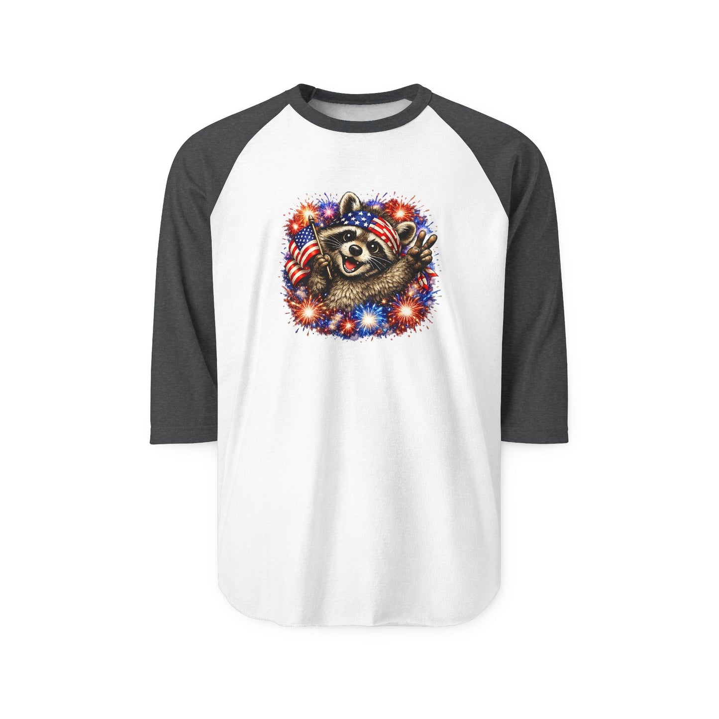 Patriotic Raccoon 250 Raglan Shirt — Fourth of July Fireworks Tee