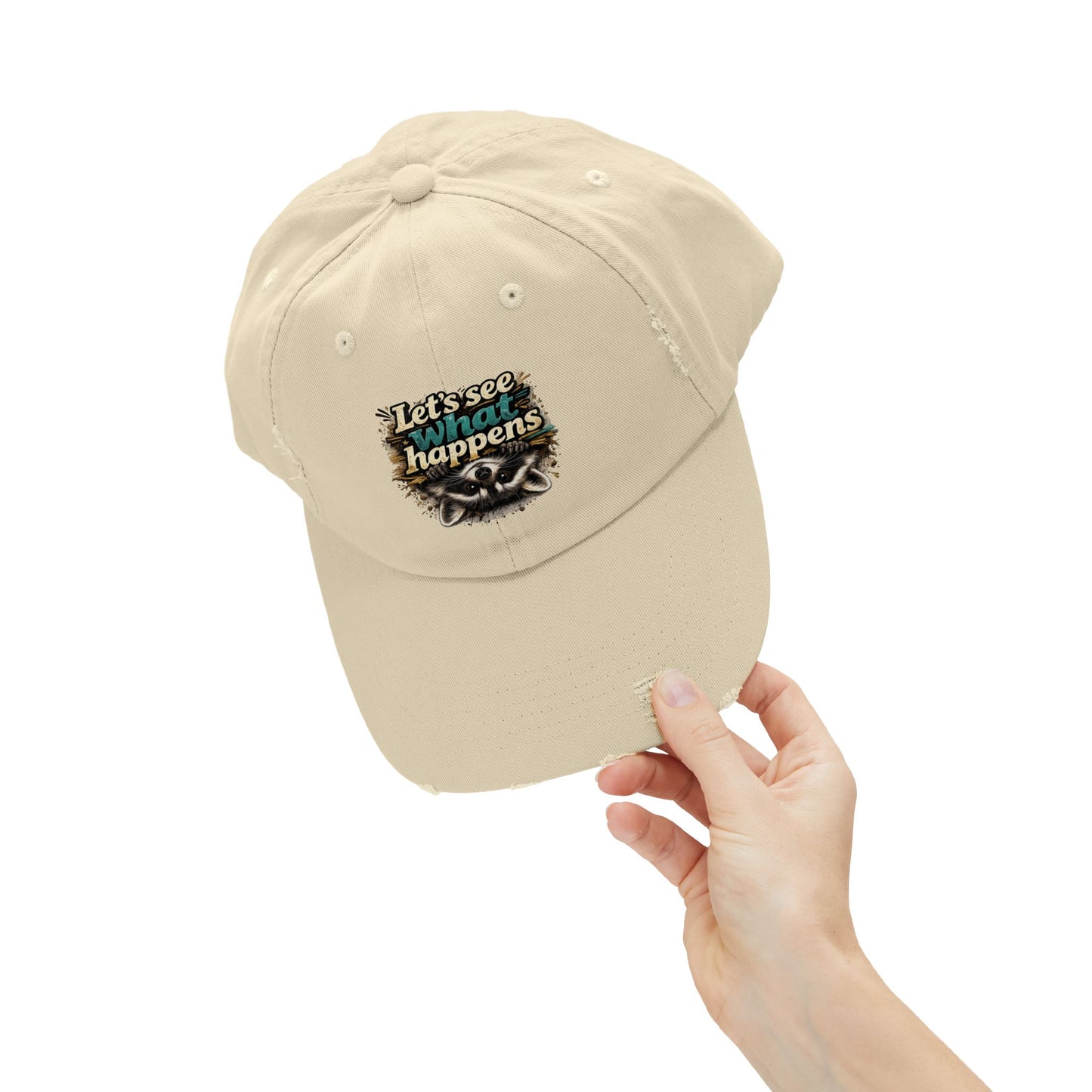 Let's See What Happens Distressed Cap — Raccoon Mom/Dad Funny Dad Hat