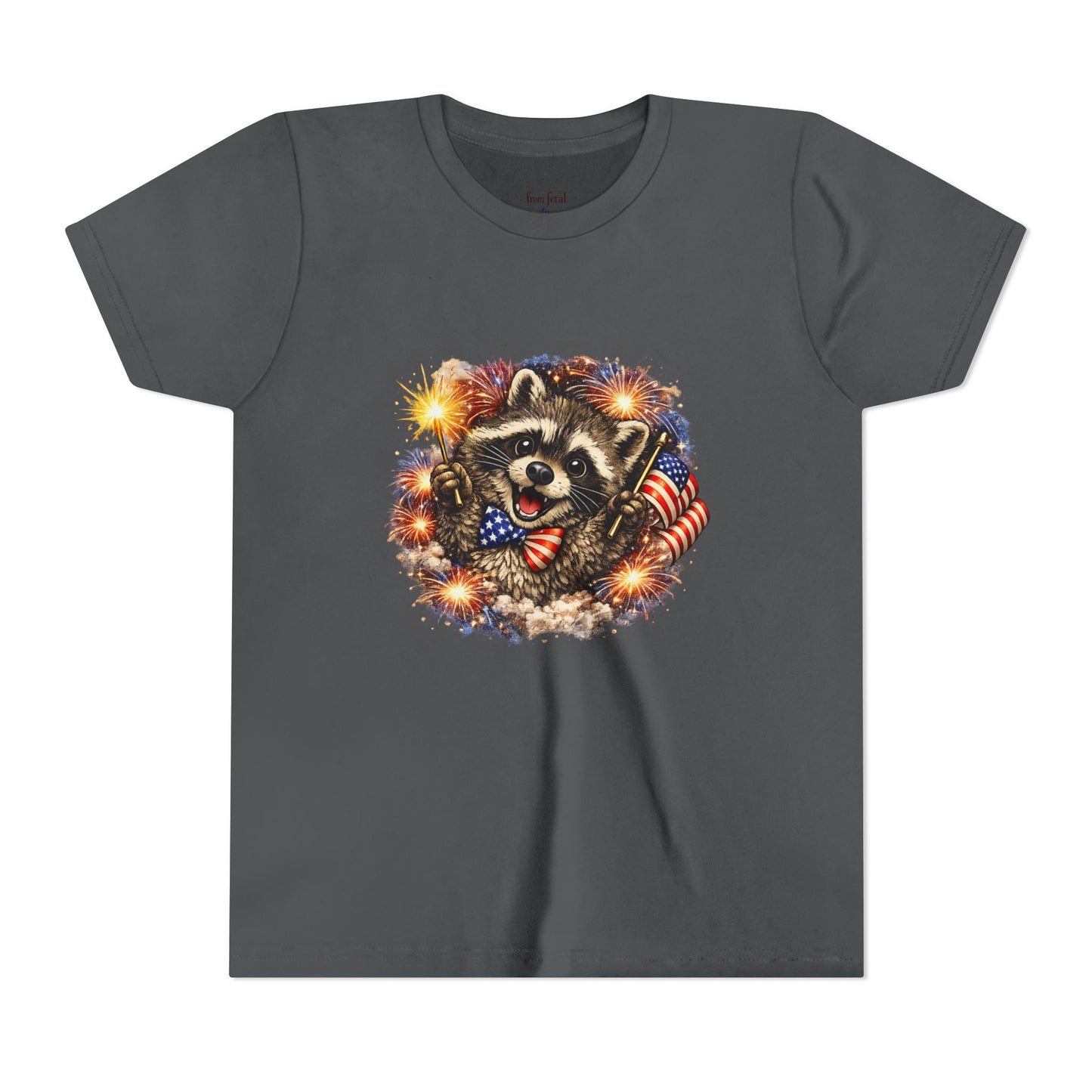 Patriotic Raccoon Youth Tee — Raccoon with American Flag & Fireworks