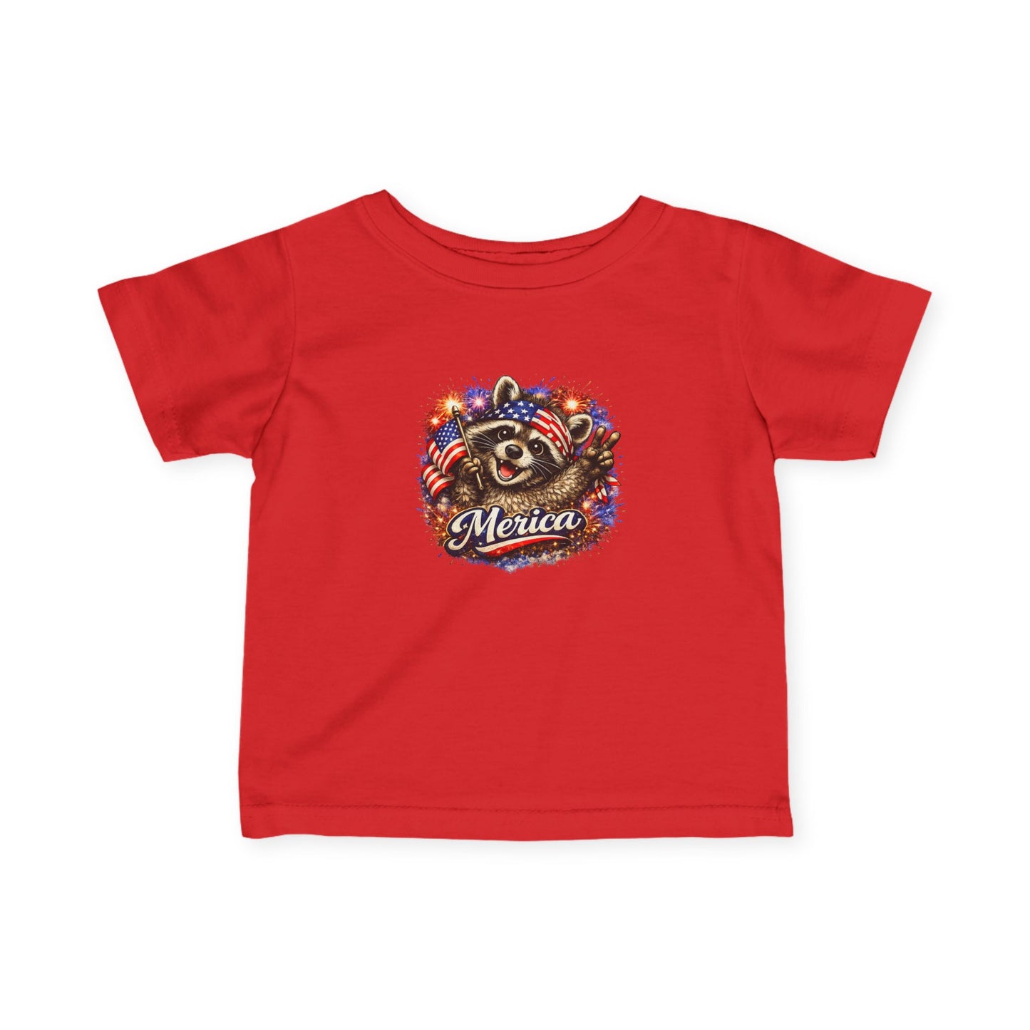Infant Tee — Adorable Raccoon Holding American Flag "250" — 4th of July Baby Shirt