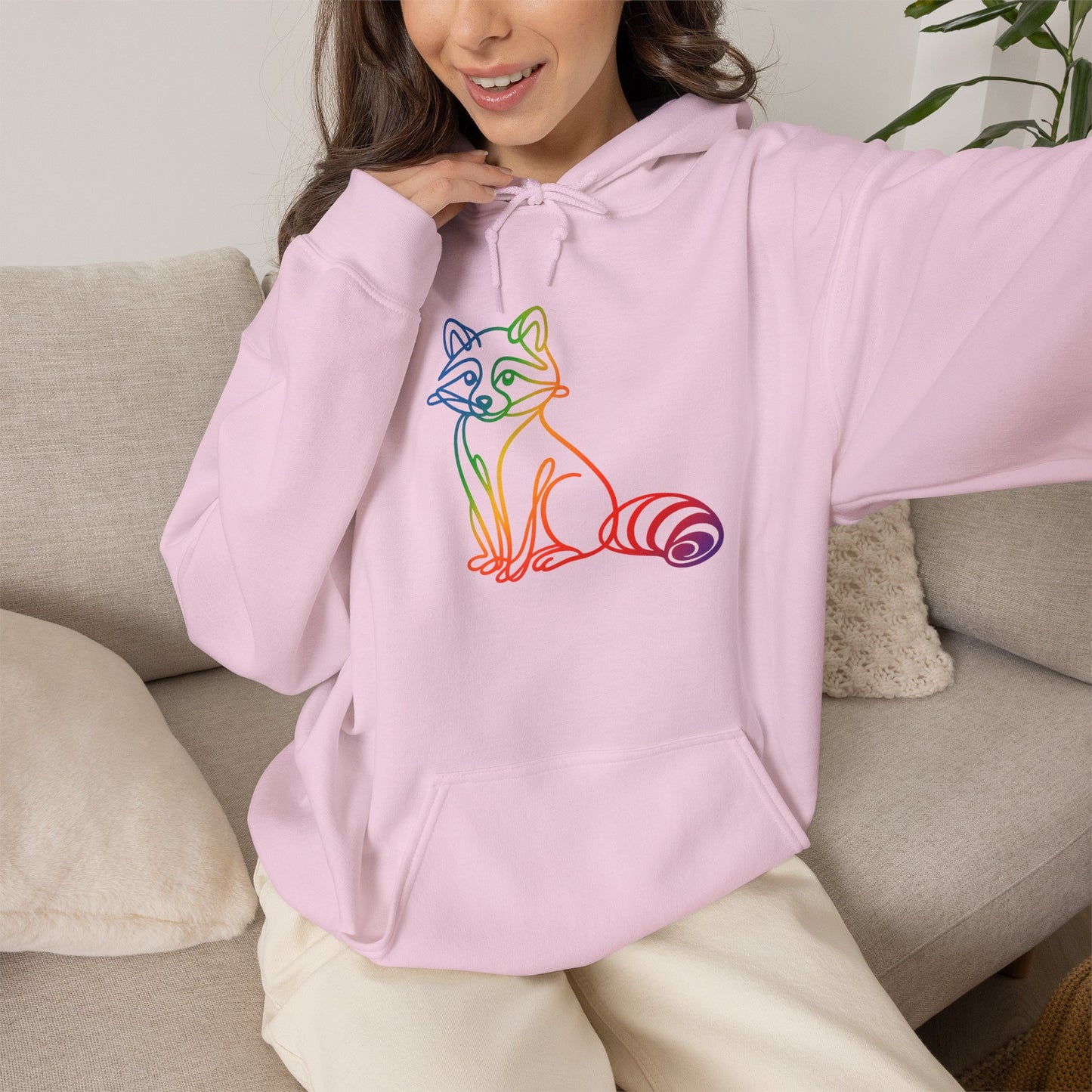 Rainbow Line Art Raccoon Hoodie