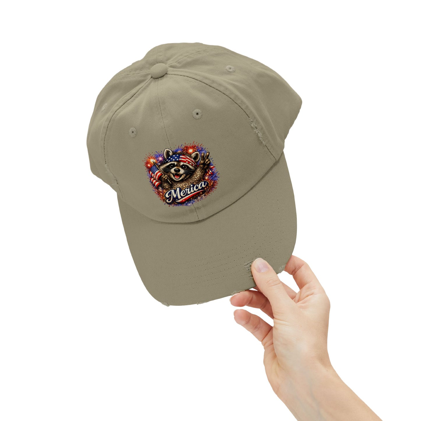 Patriotic Raccoon 250 Cap — Fireworks & Flag Distressed Baseball Hat