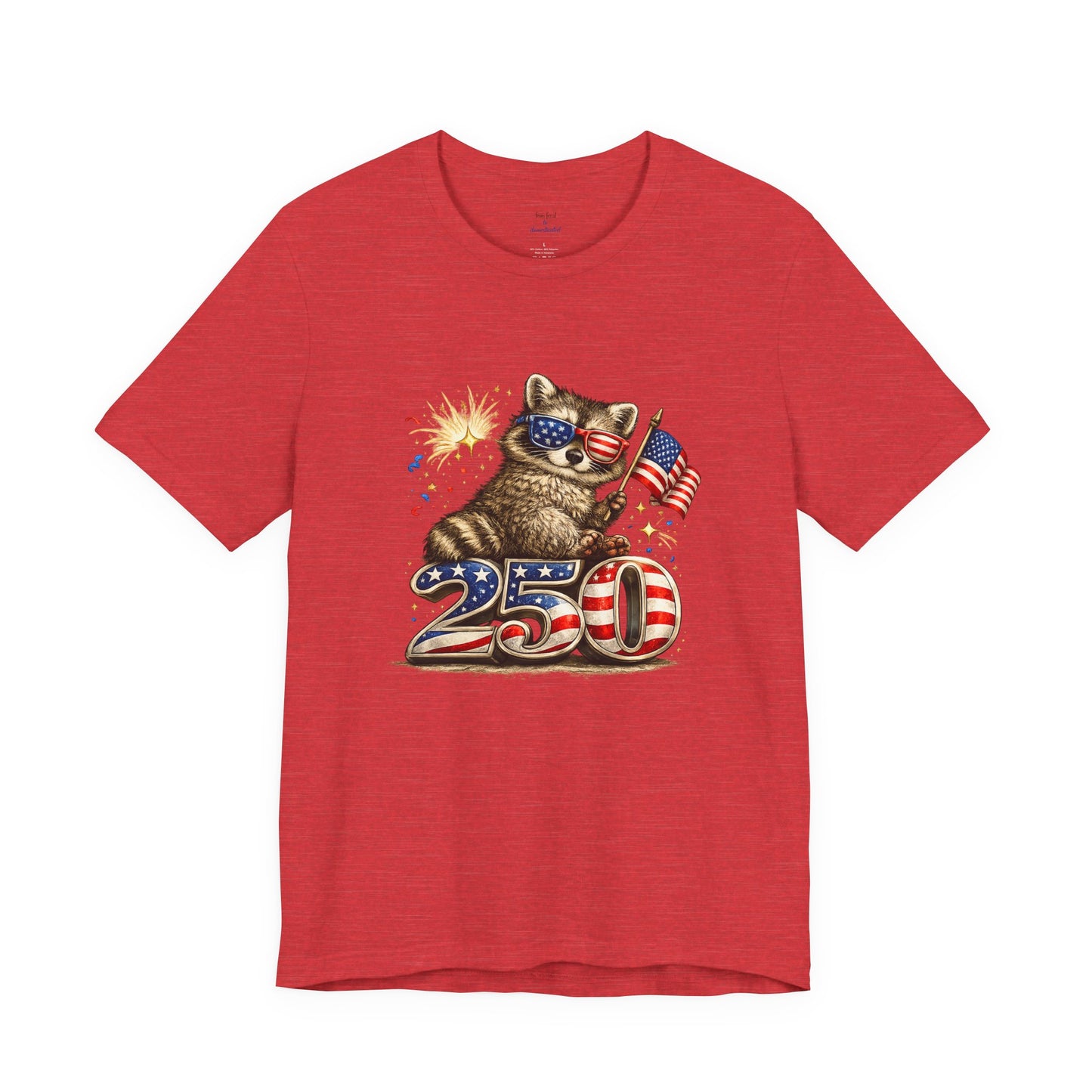 Patriot Raccoon 250th Anniversary T-Shirt — 4th of July Fireworks Flag Tee