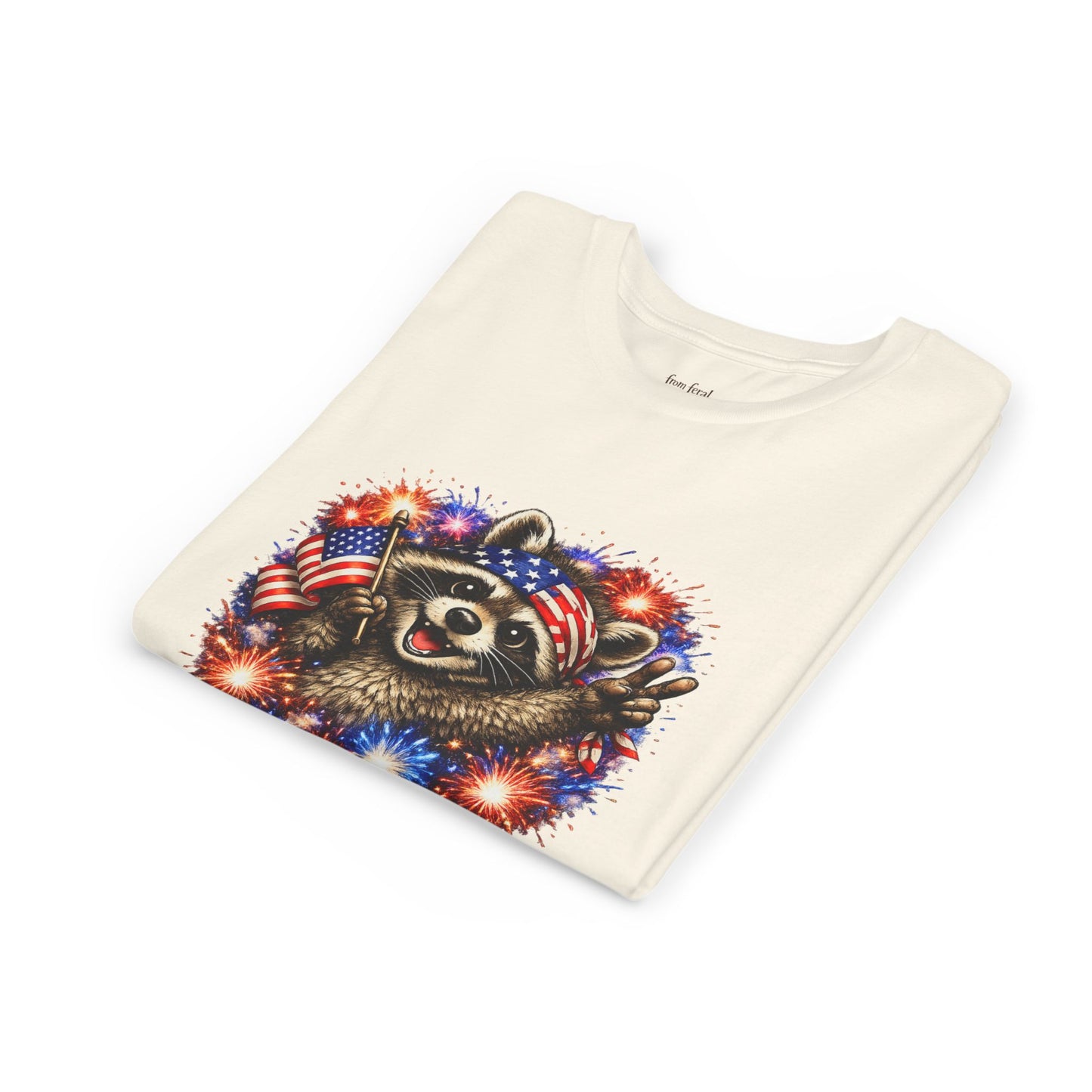 Patriotic Raccoon Youth Tee — Raccoon with American Flag & Fireworks